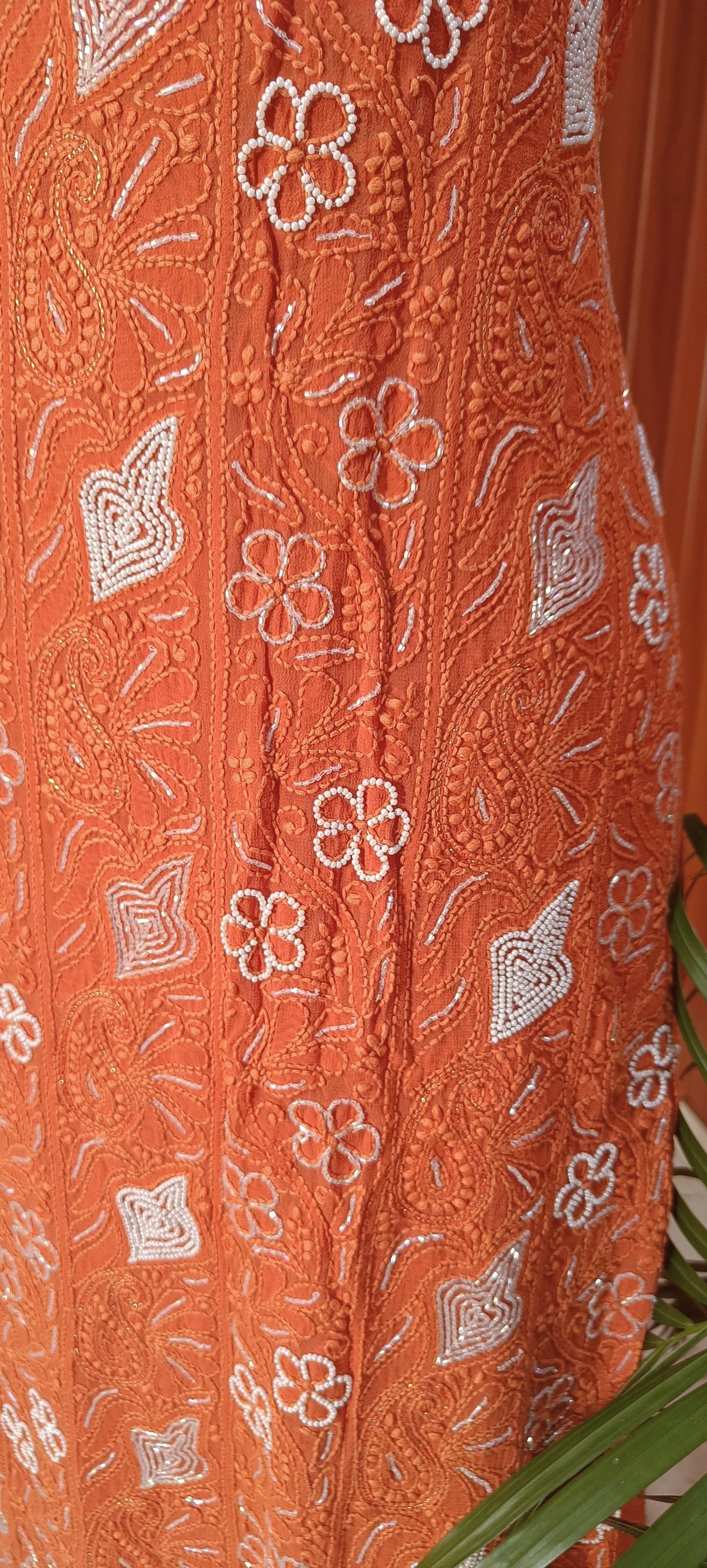 Orange Chikankari Pearl Beads and Cut Dana Kurta and Dupatta