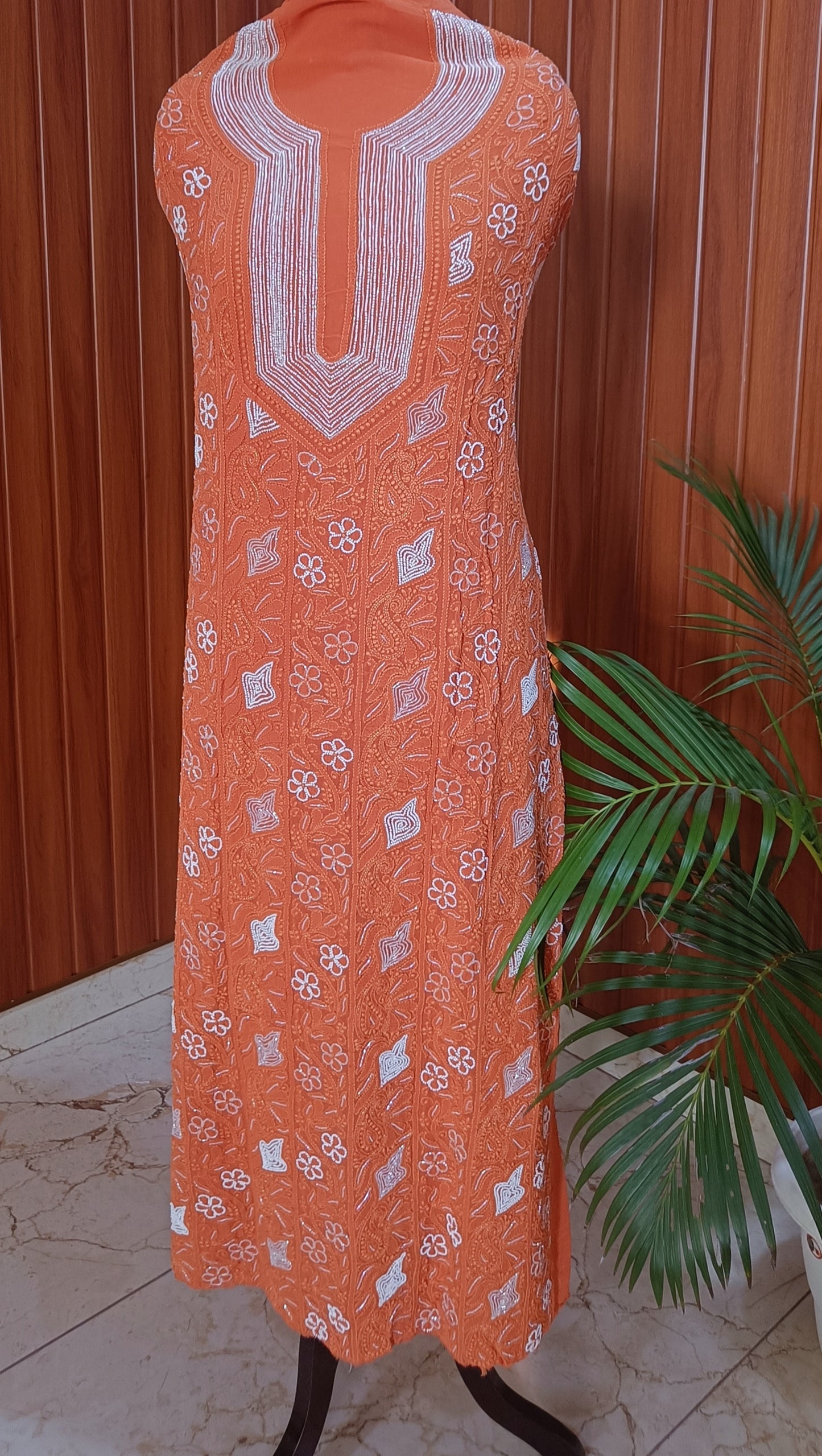 Orange Chikankari Pearl Beads and Cut Dana Kurta and Dupatta