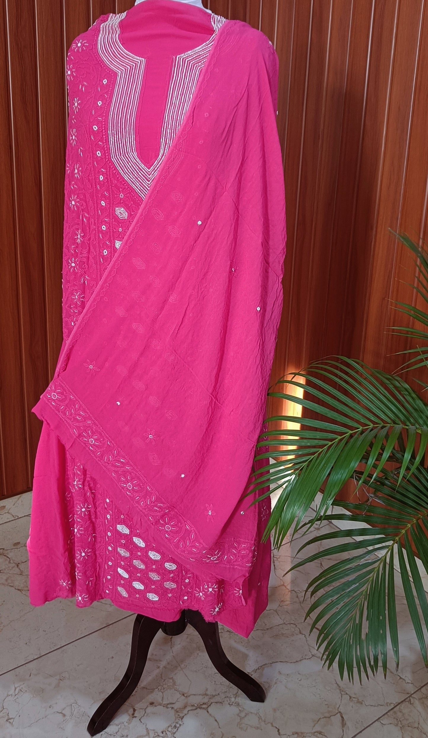 Hot Pink Chikankari Pearl Beads and Cut Dana Kurta and Dupatta