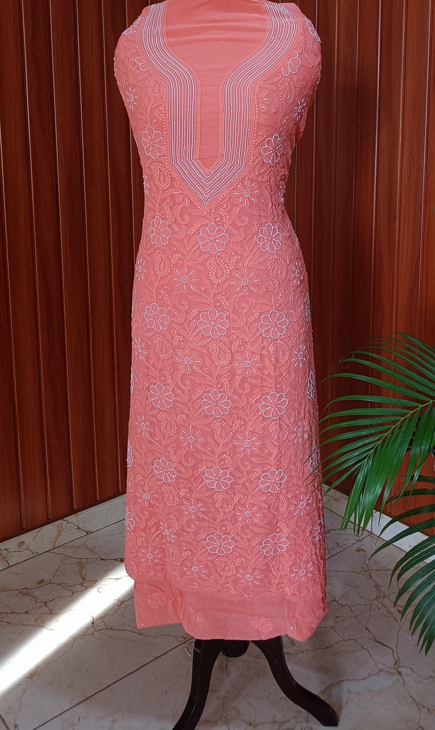 Coral Peach Chikankari Pearl Beads and Cut Dana Kurta and Dupatta