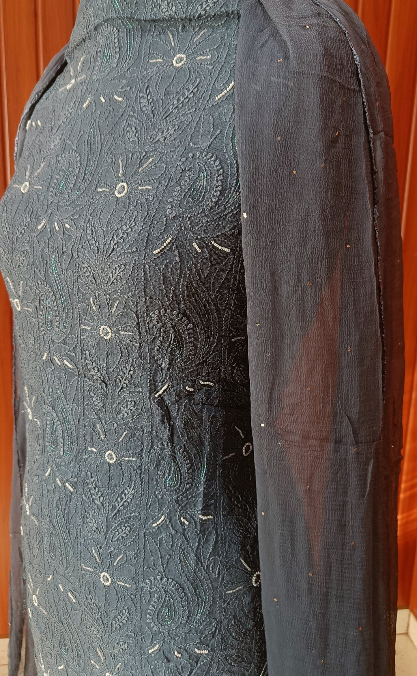 Grey Chikankari Pearl and Aari work Kurta and Dupatta