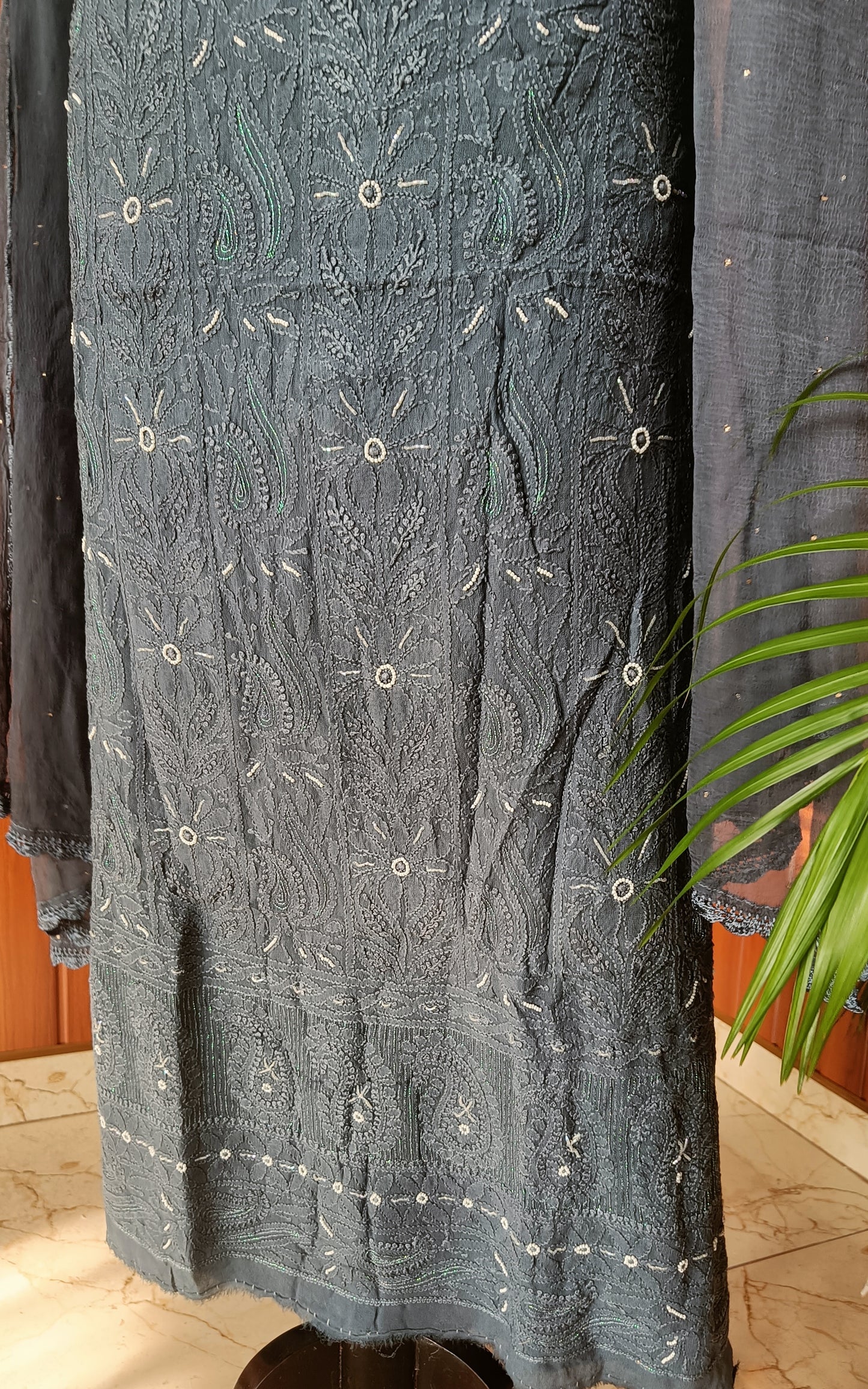 Grey Chikankari Pearl and Aari work Kurta and Dupatta