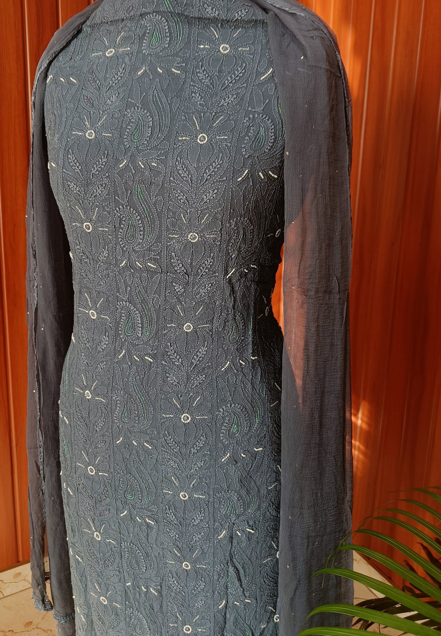 Grey Chikankari Pearl and Aari work Kurta and Dupatta
