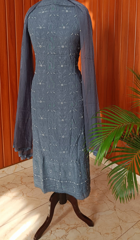 Grey Chikankari Pearl and Aari work Kurta and Dupatta