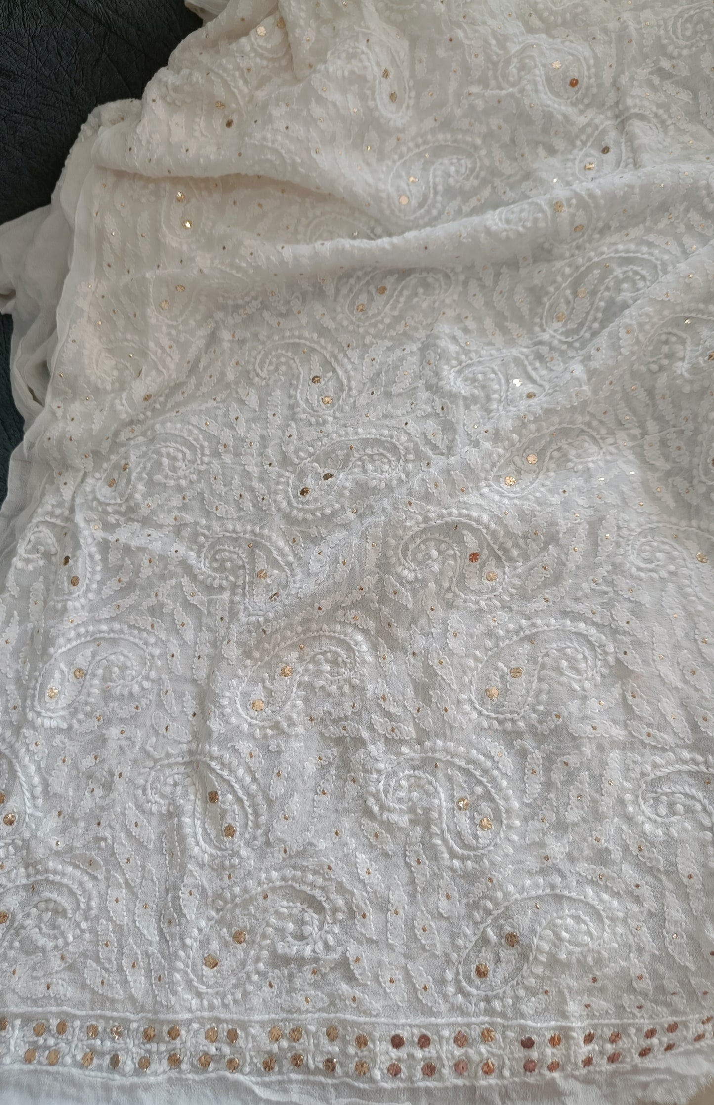White Half Pure Georgette allover Chikankari and Mukaish Men's Sherwani Fabric
