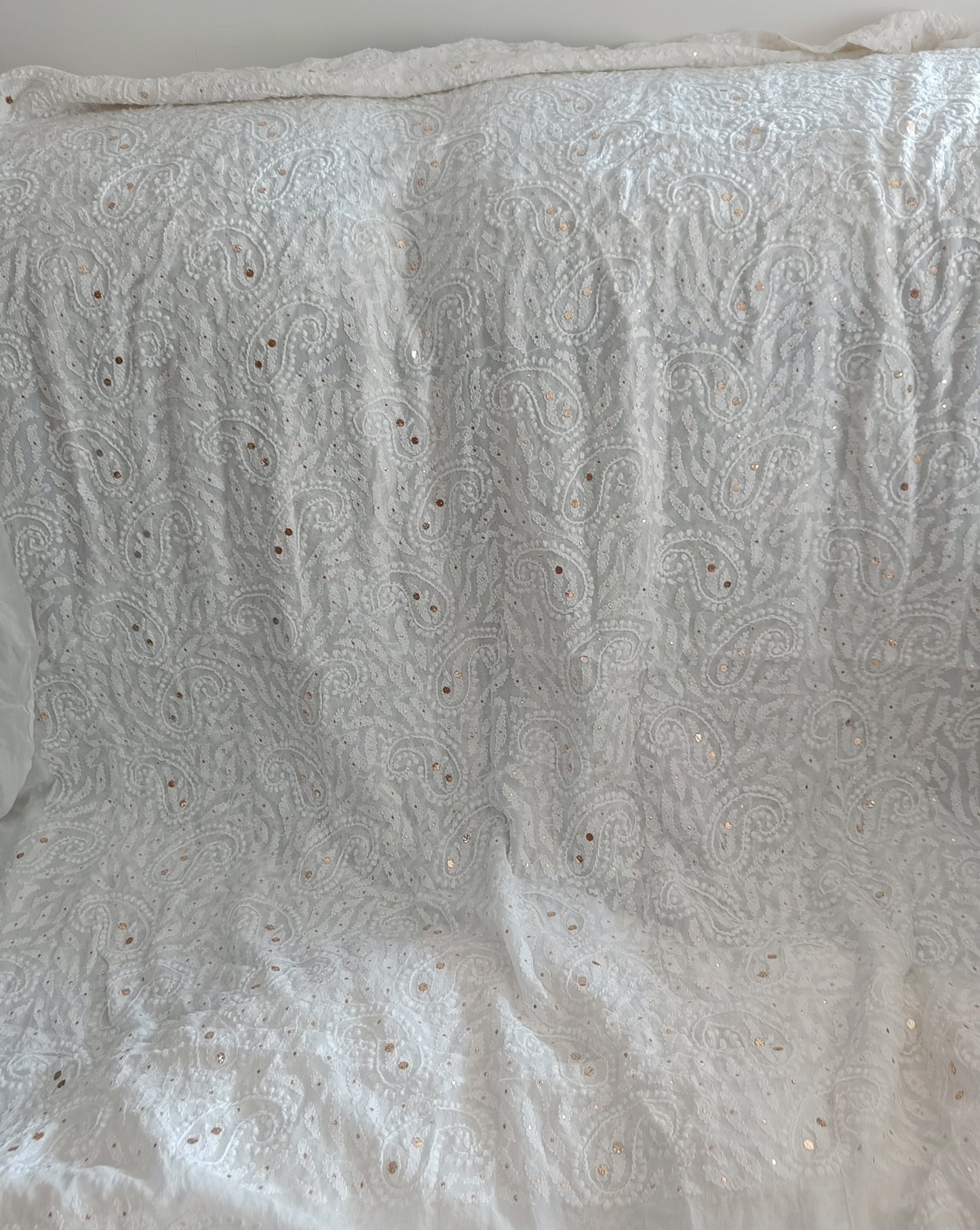 White Half Pure Georgette allover Chikankari and Mukaish Men's Sherwani Fabric