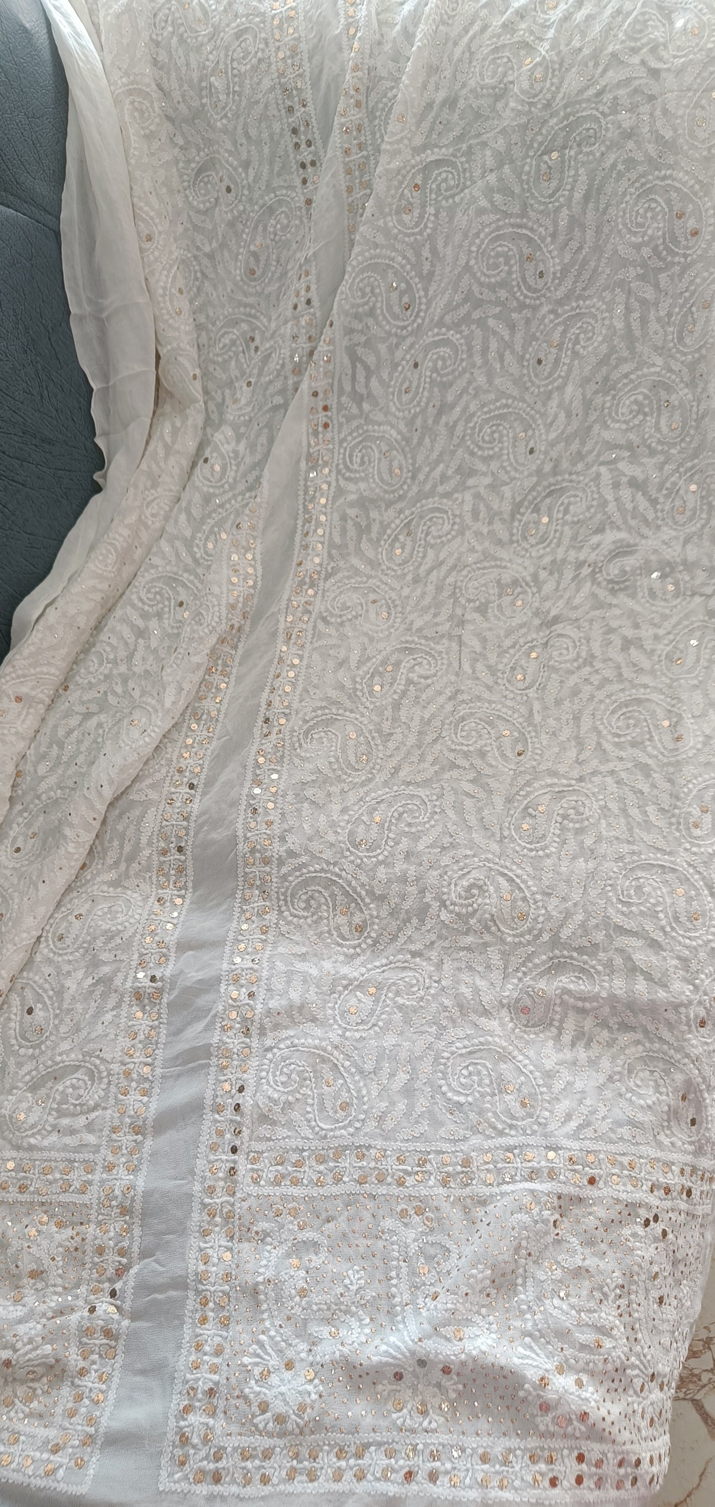 White Half Pure Georgette allover Chikankari and Mukaish Men's Sherwani Fabric