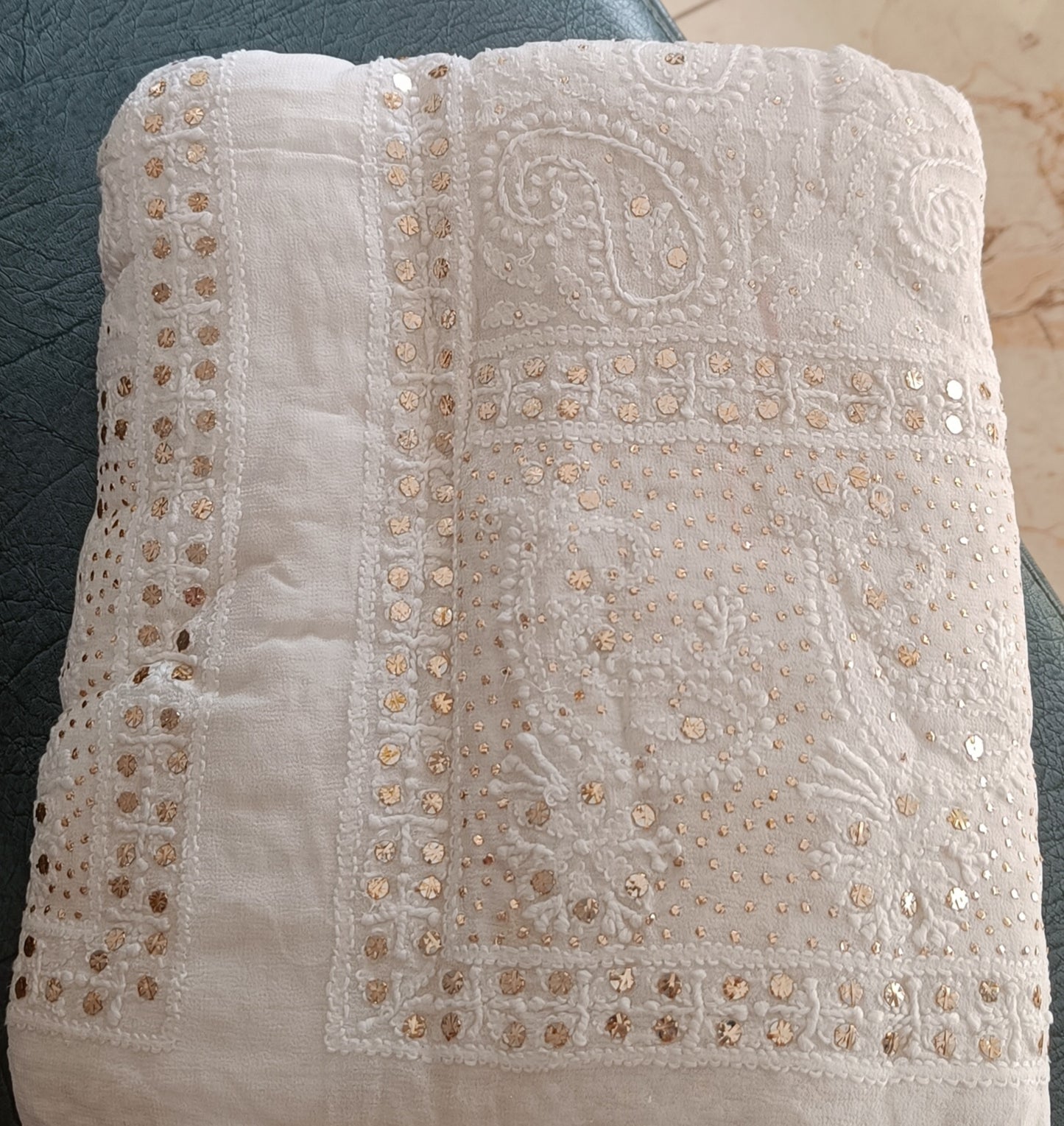 White Half Pure Georgette allover Chikankari and Mukaish Men's Sherwani Fabric