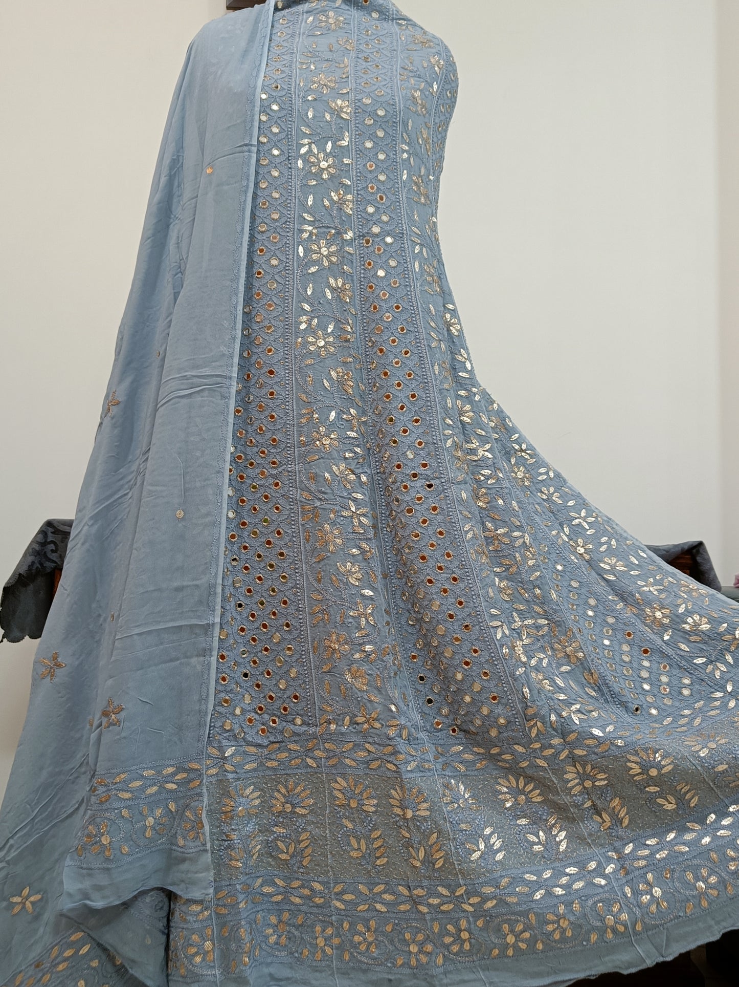 Grey Chikankari Mirror and Gota Patti Anarkali with Dupatta