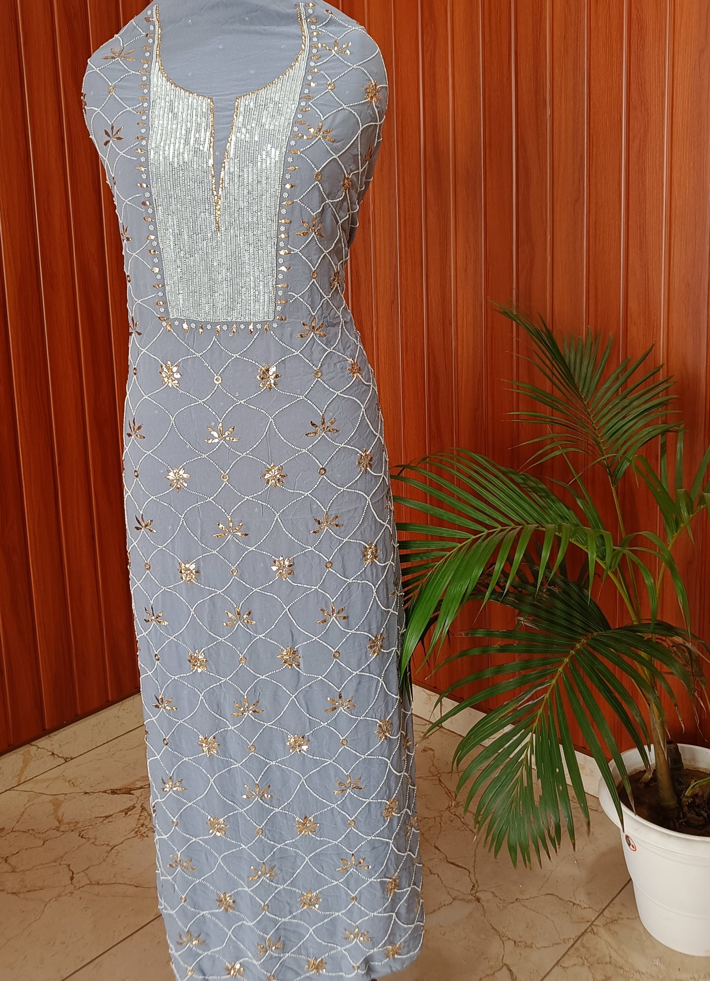 Ruhani Grey Badla and Pearl Embroidered Kurta & Dupatta Set