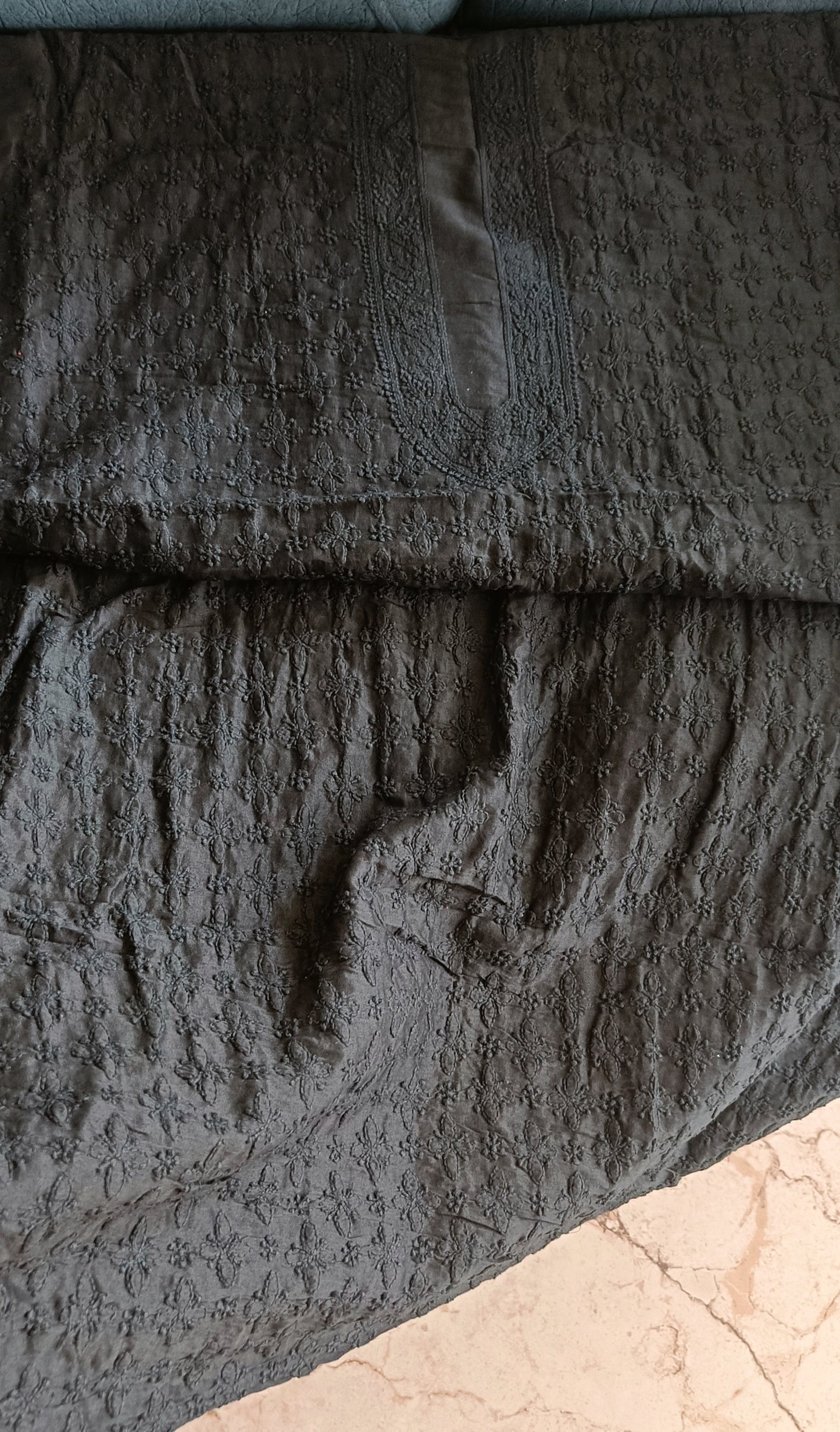 Black Chanderi Silk Men's Kurta fabric with fine Chikankari
