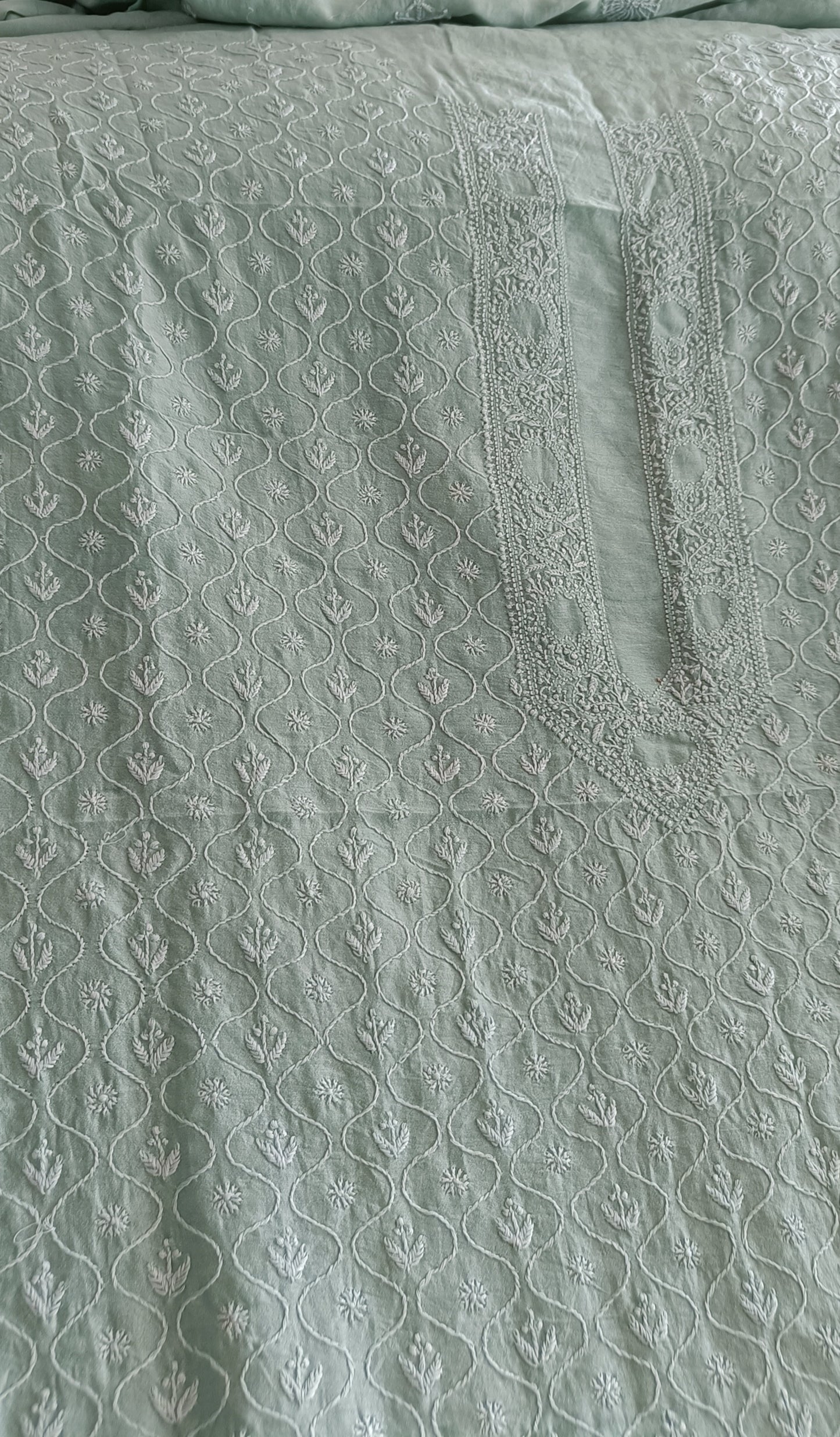 Sage Green Chanderi Silk Men's Kurta fabric with fine Chikankari