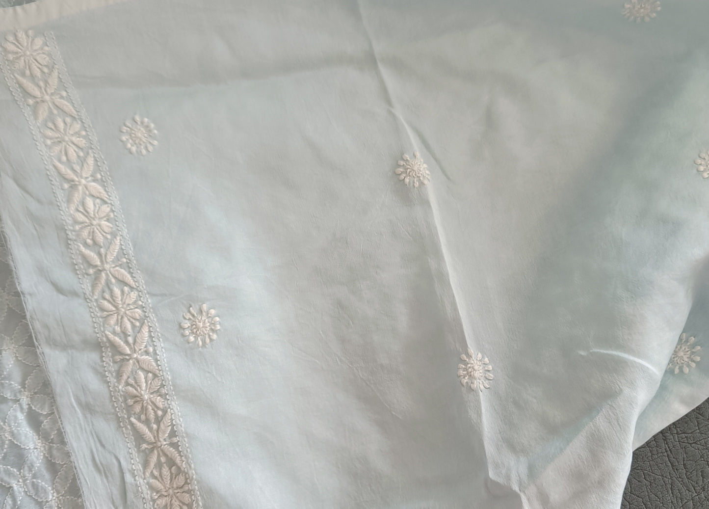 Light Blue Chanderi Silk Men's Kurta fabric with fine Chikankari