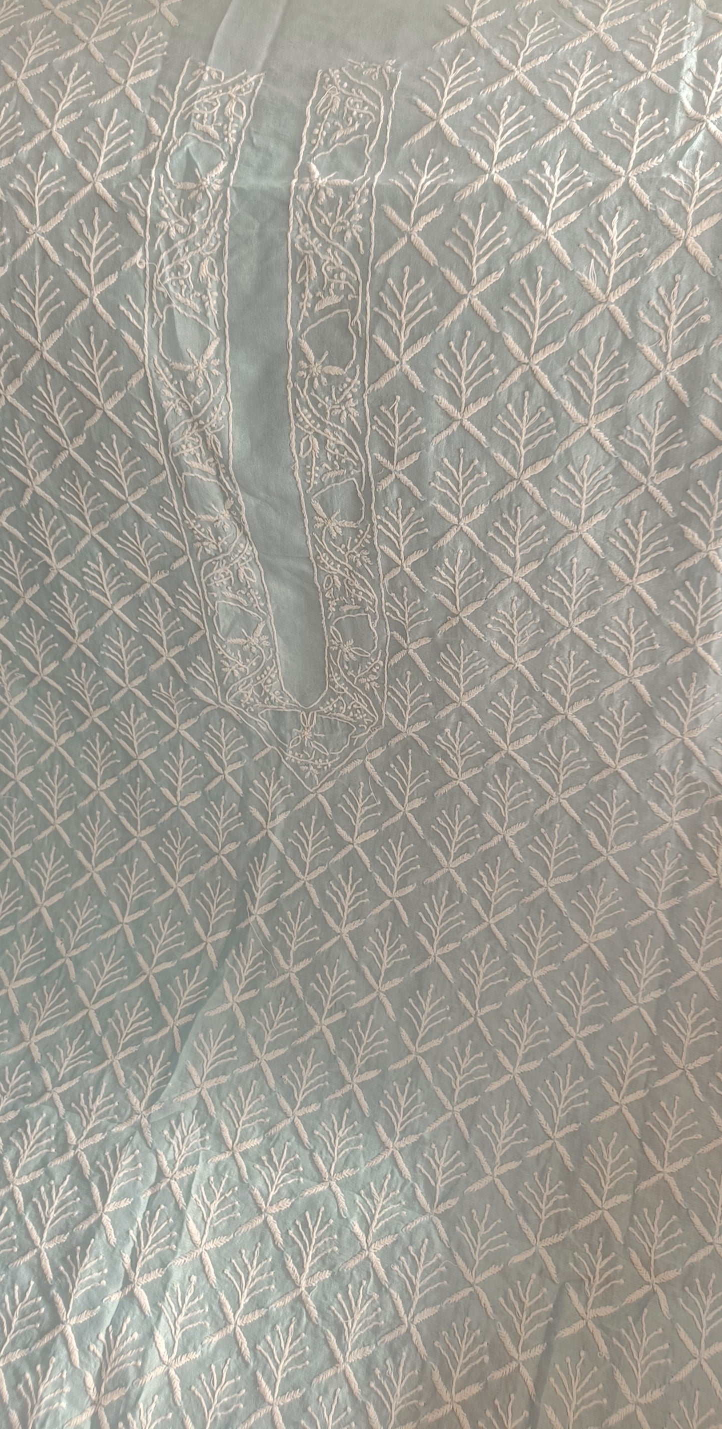 Sky Blue Chanderi Silk Men's Kurta fabric with fine Chikankari
