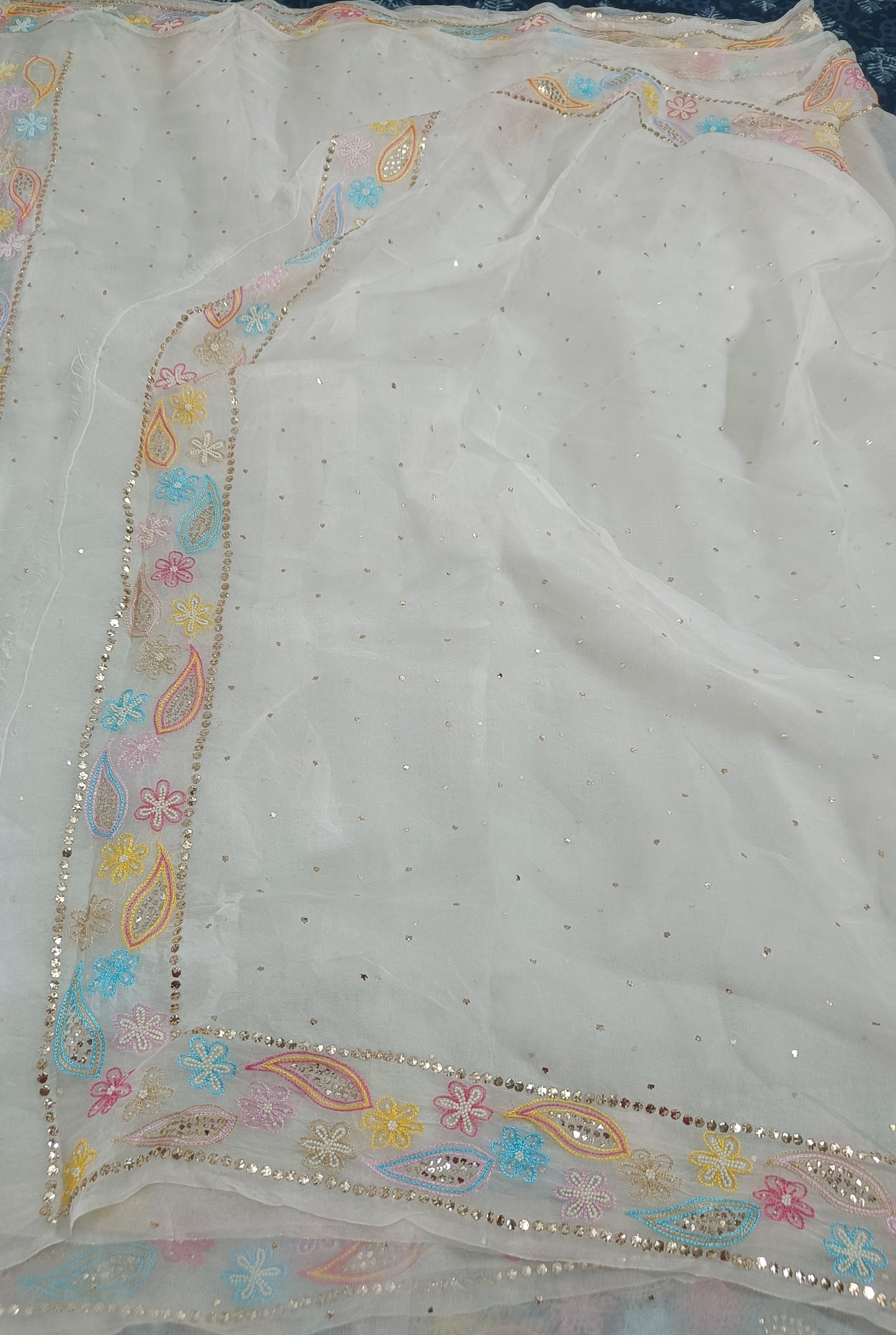 Ruhani Ivory Pure Organza Saree with Allover Mukaish and multicolored border