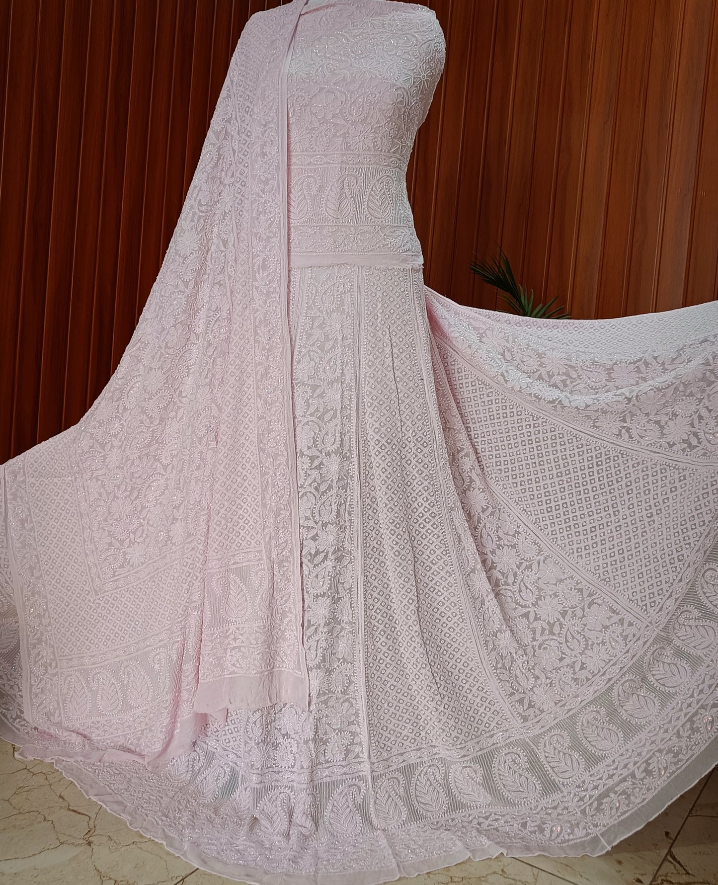 Ruhani Light Pink Chikankari Cut Dana Pearl Sequins Wedding Lehenga