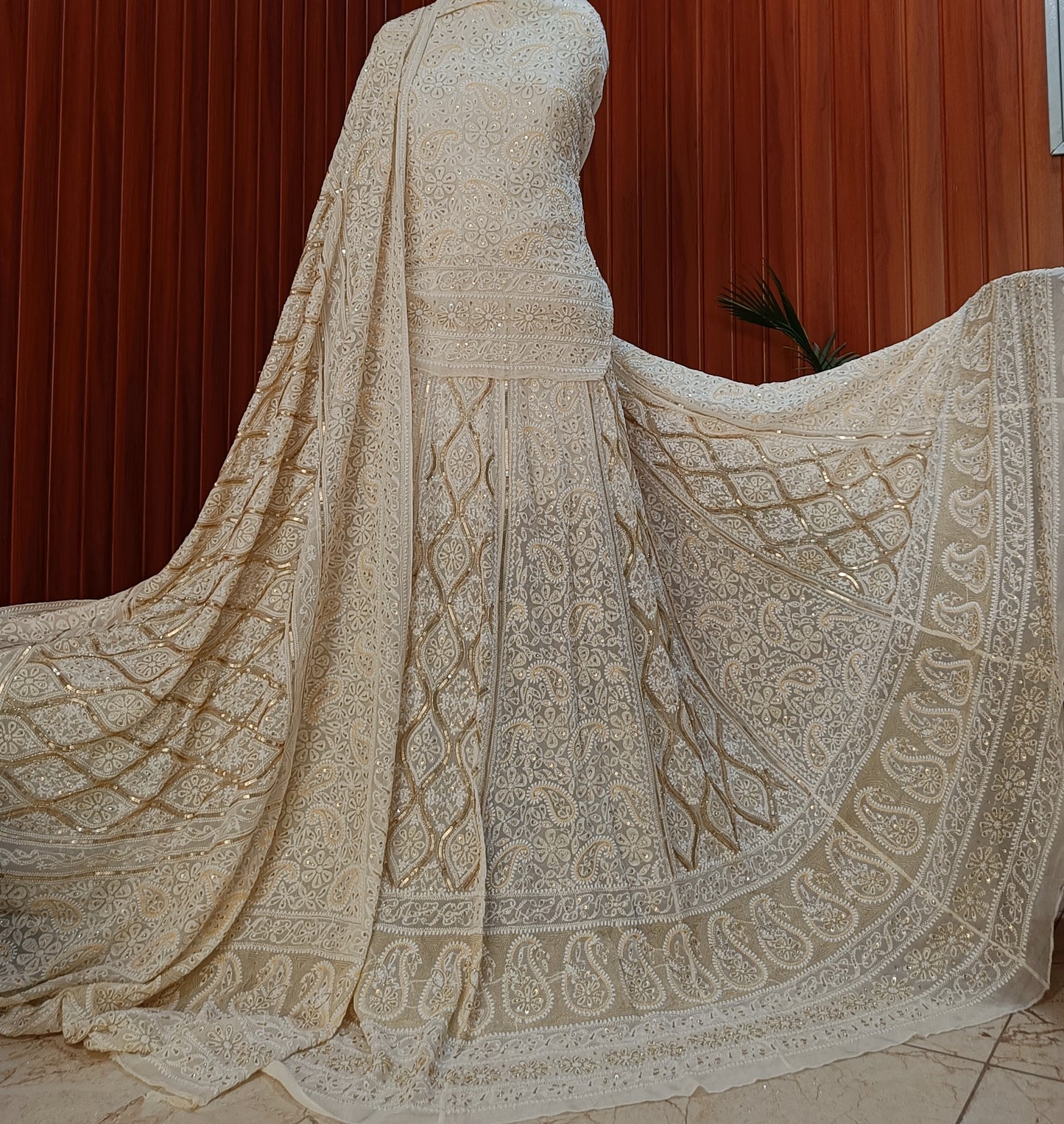 Ivory Ruhani Chikankari Sequins Cut Dana Pearl Wedding Lehenga