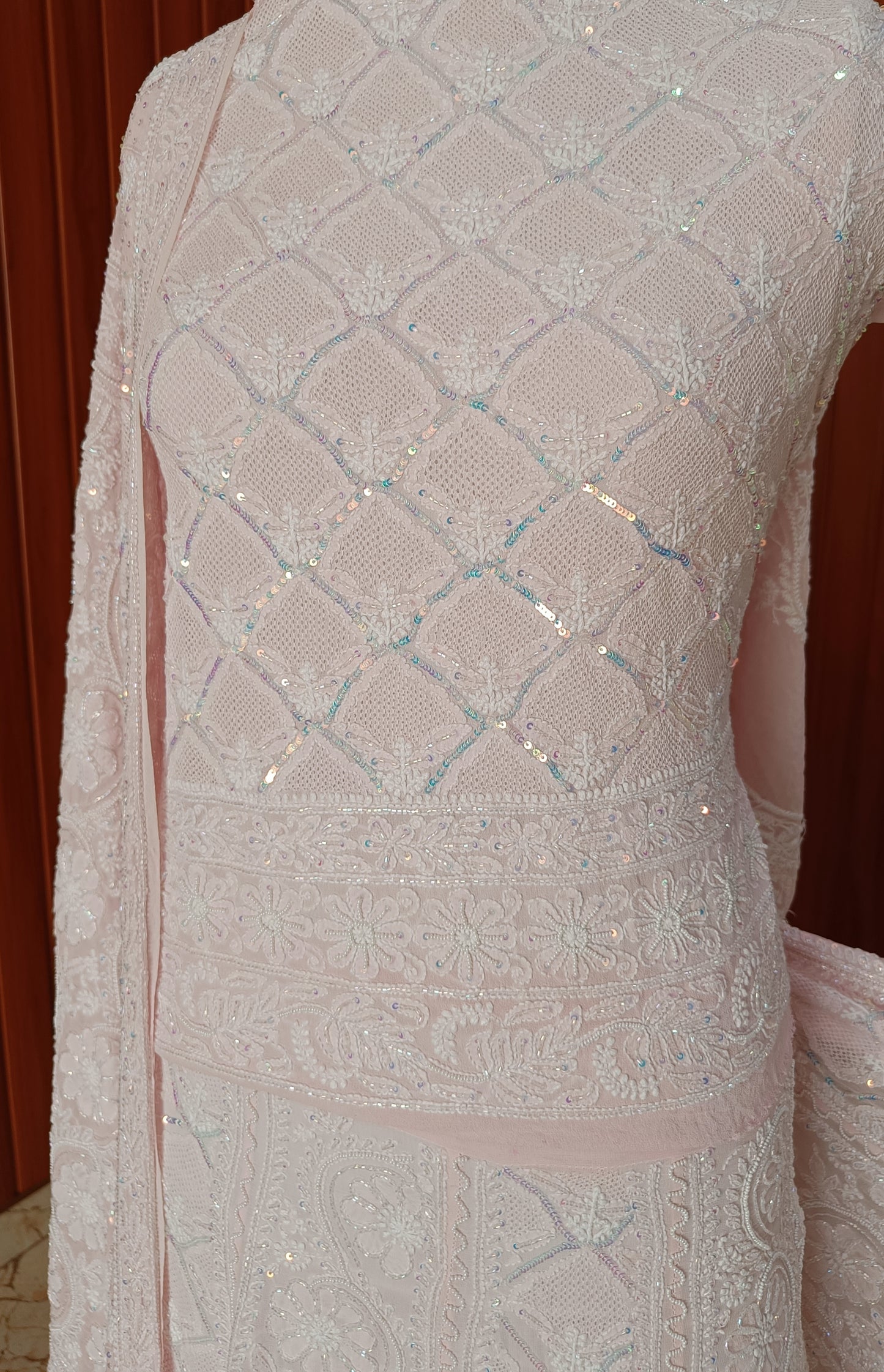 Ruhani Pink Chikankari Jaali Pearl Cut Dana Sequins Wedding Lehenga