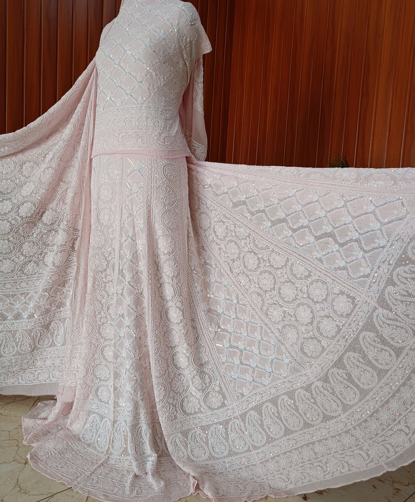 Ruhani Pink Chikankari Jaali Pearl Cut Dana Sequins Wedding Lehenga