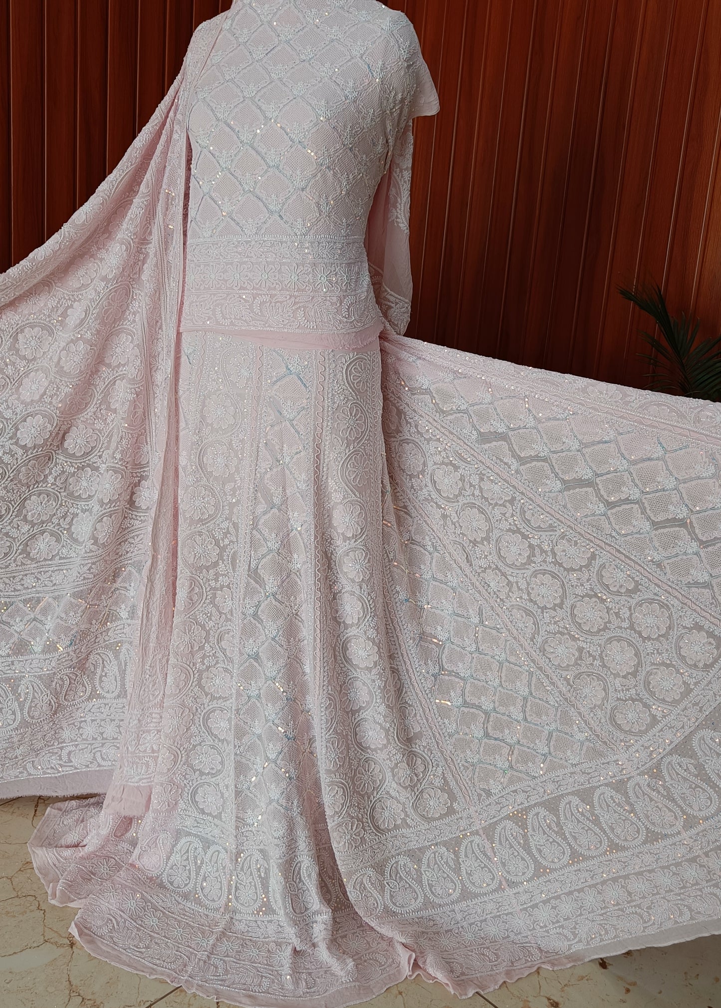 Ruhani Pink Chikankari Jaali Pearl Cut Dana Sequins Wedding Lehenga