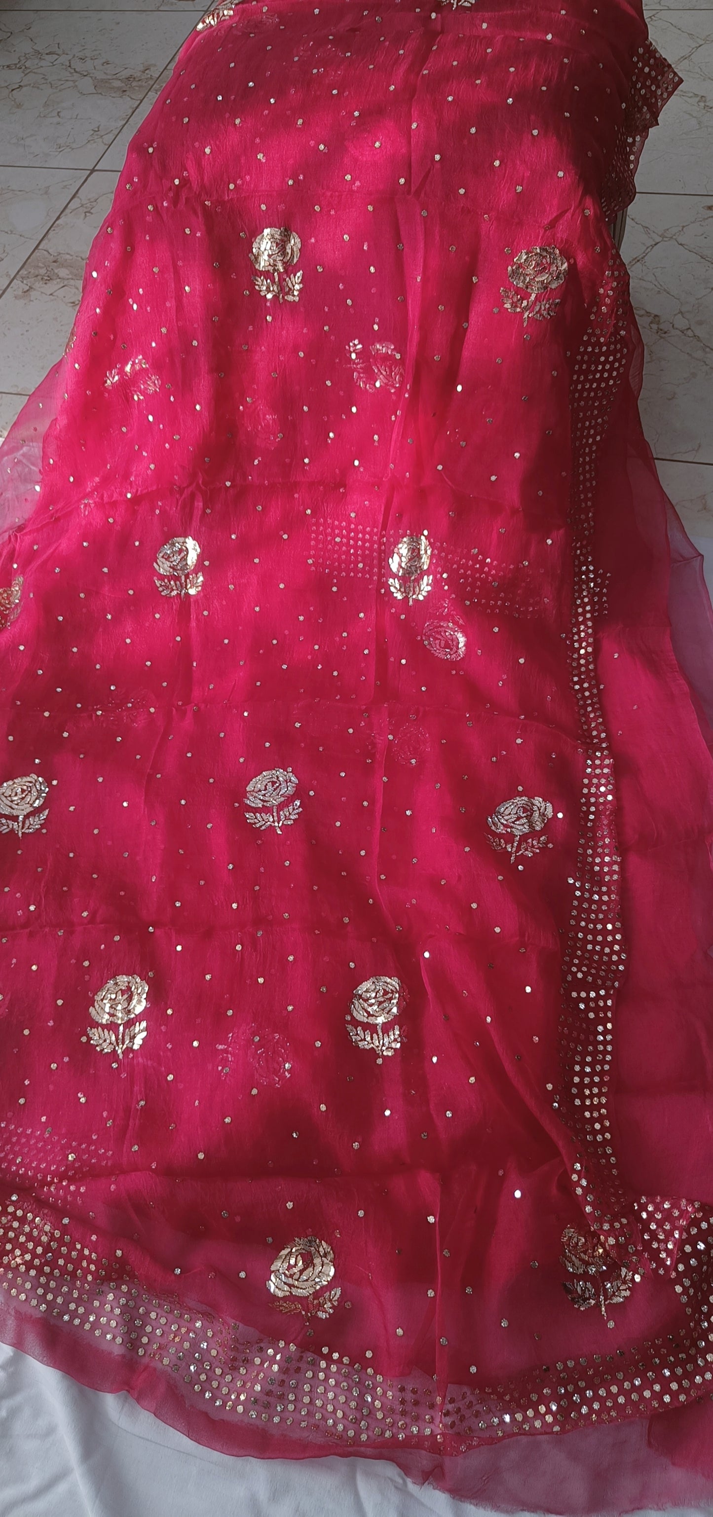 Hot Pink Pure Organza Saree with Badla and Mukaish Work