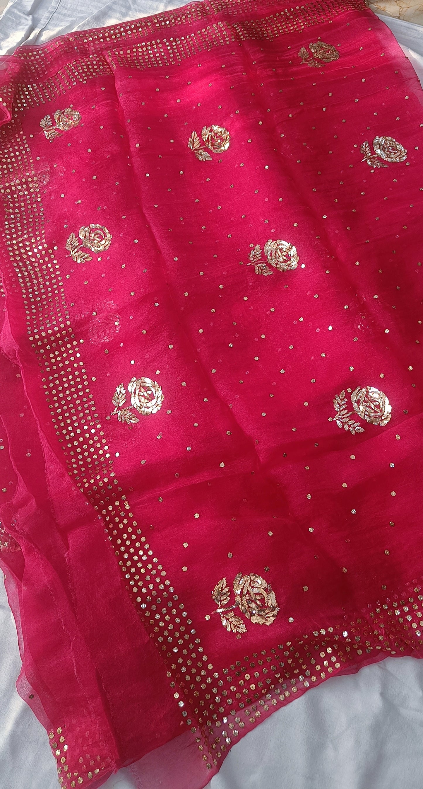 Hot Pink Pure Organza Saree with Badla and Mukaish Work