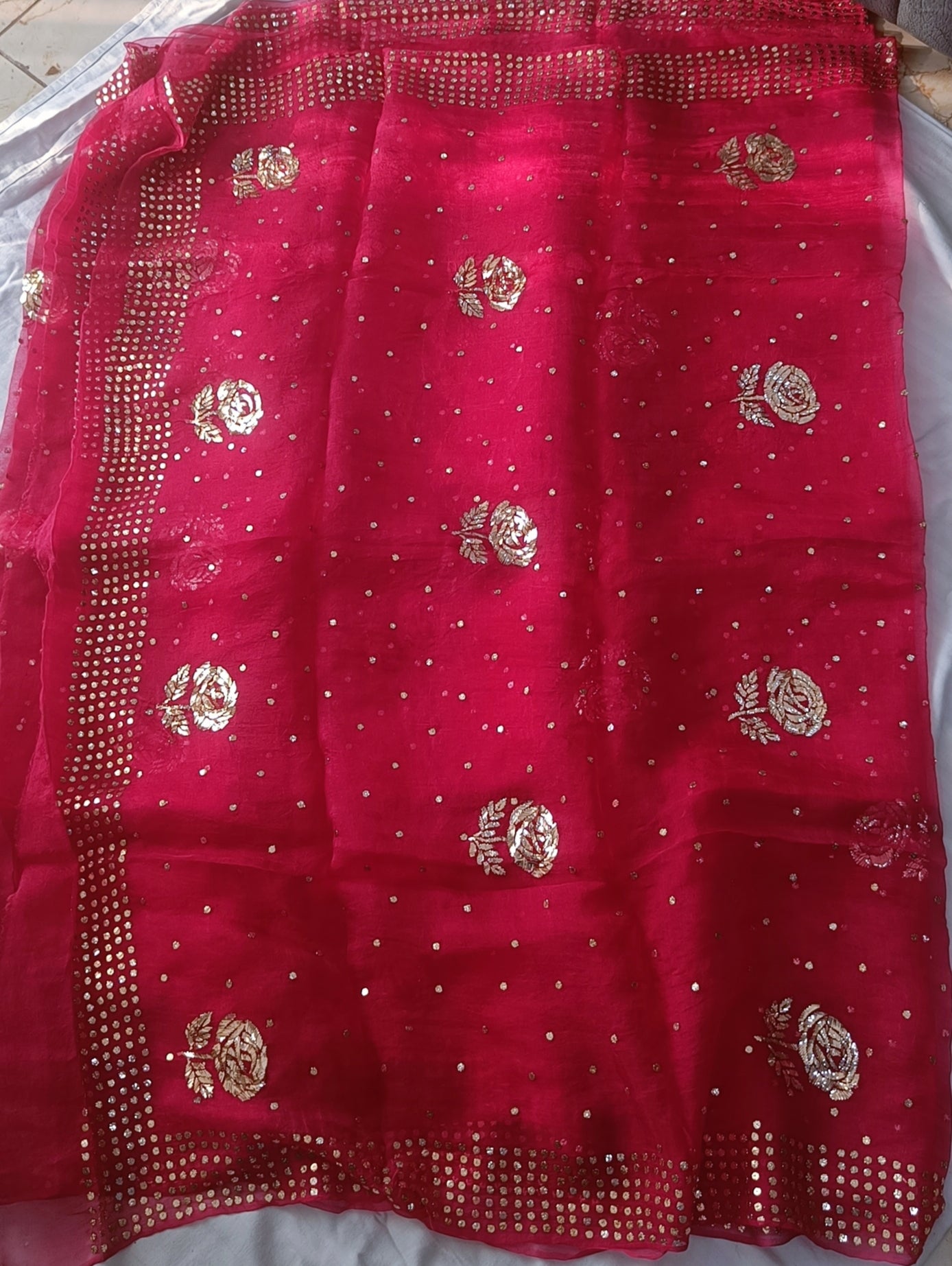 Hot Pink Pure Organza Saree with Badla and Mukaish Work