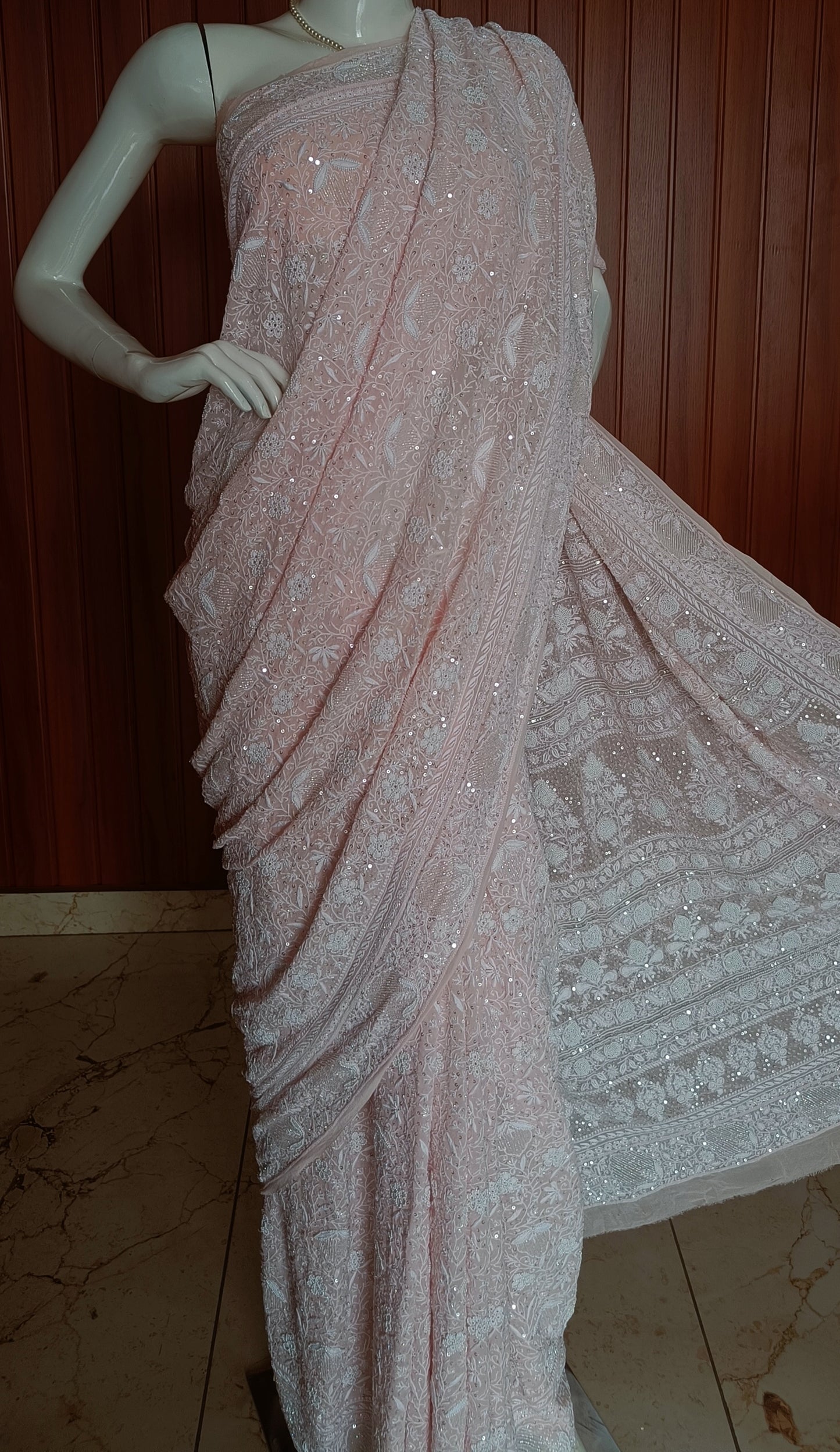 Ruhani Soft Peach 2 and 3 taar Chikankari Masterpiece Saree