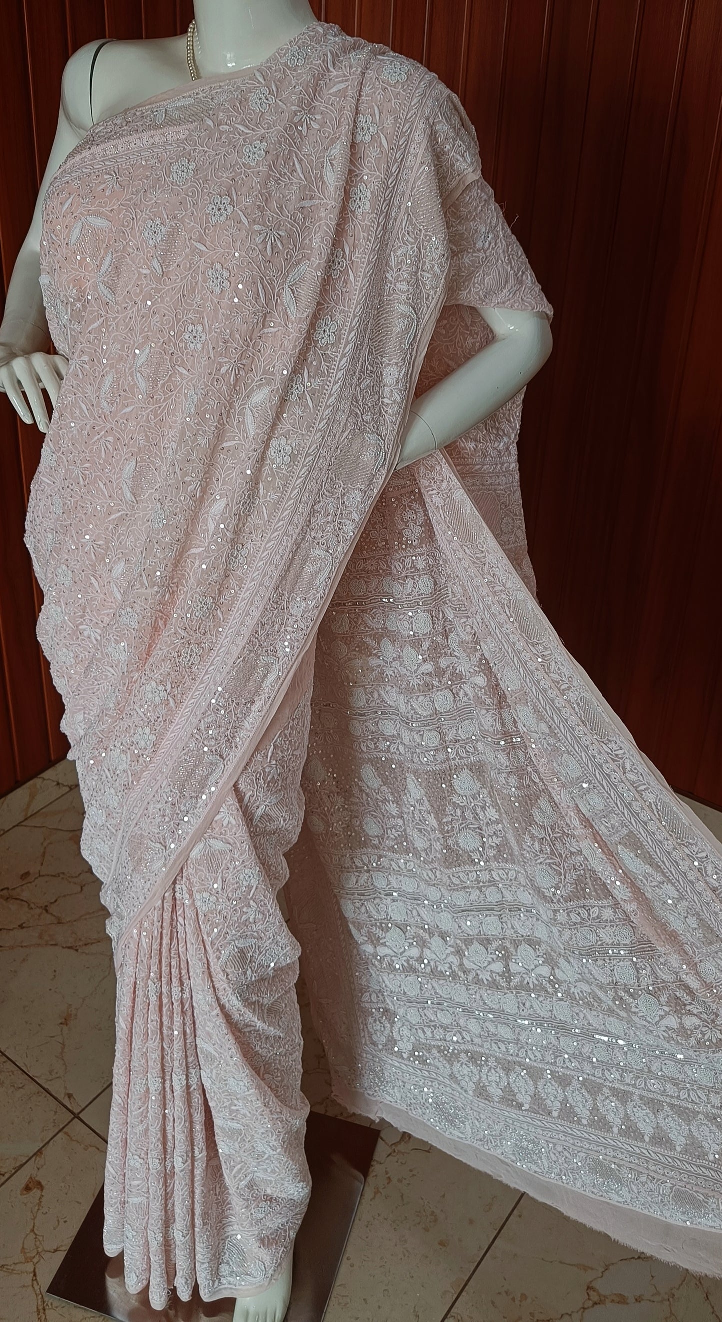 Ruhani Soft Peach 2 and 3 taar Chikankari Masterpiece Saree