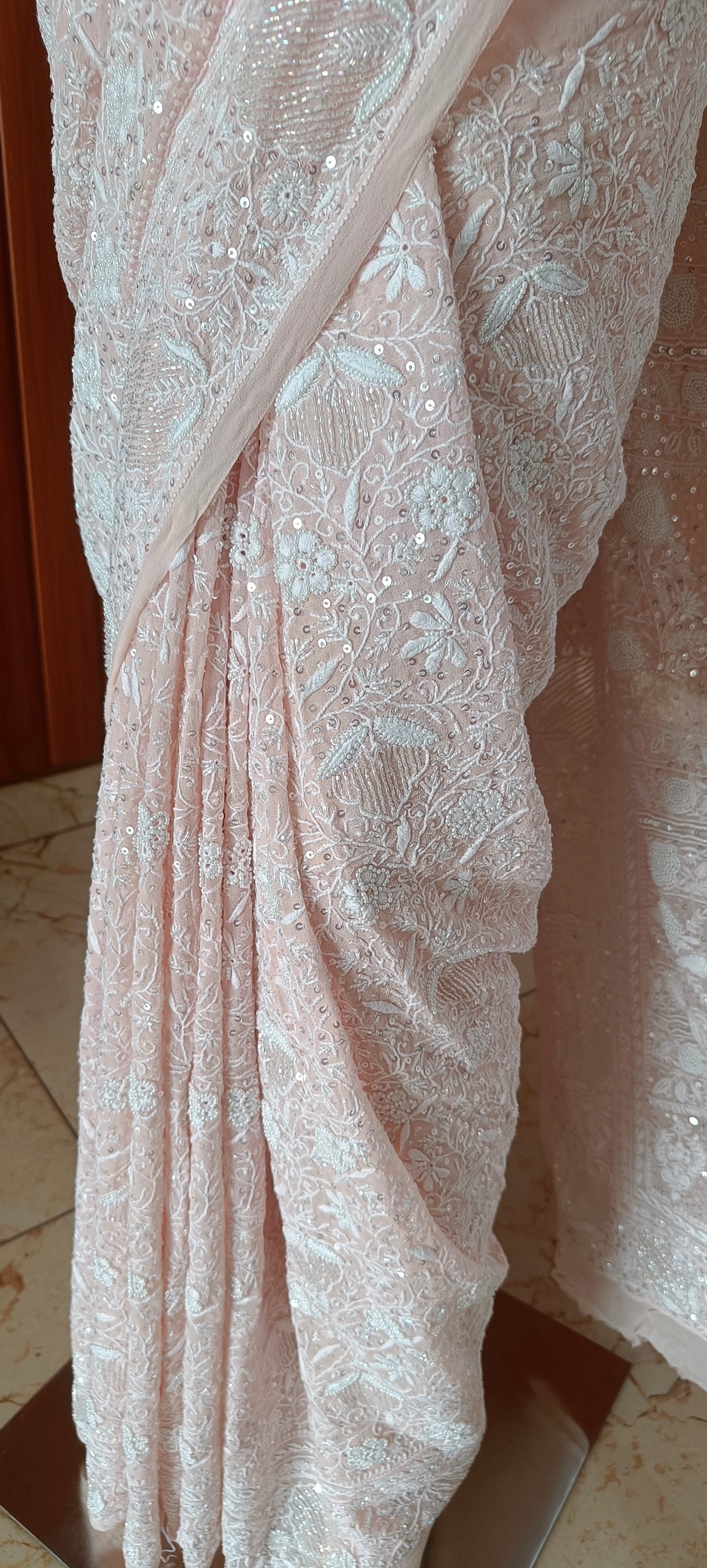Ruhani Soft Peach 2 and 3 taar Chikankari Masterpiece Saree