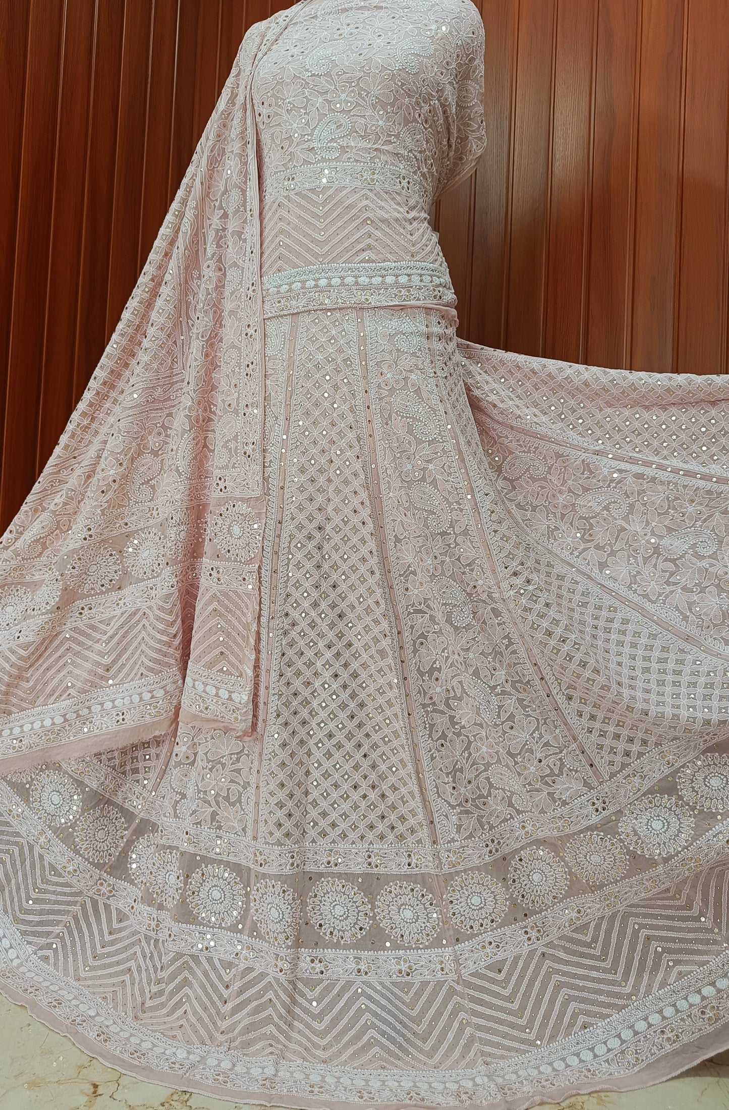 Ruhani Dusty Pink Allover Chikankari and Mukaish Lehenga Set