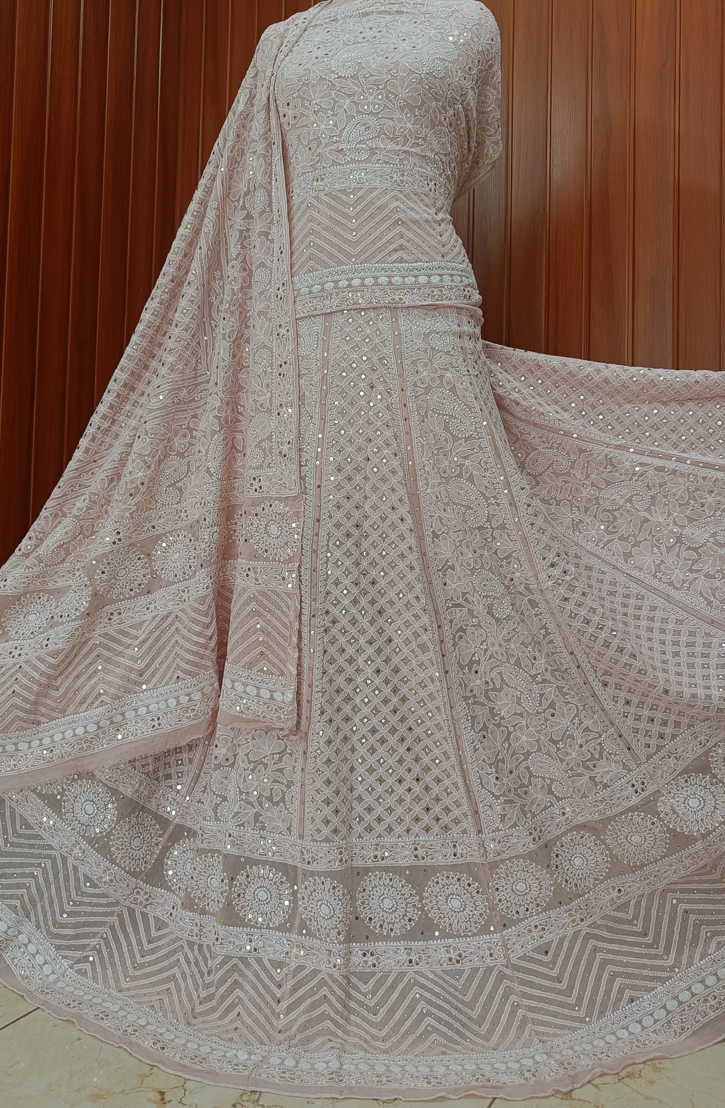 Ruhani Dusty Pink Allover Chikankari and Mukaish Lehenga Set