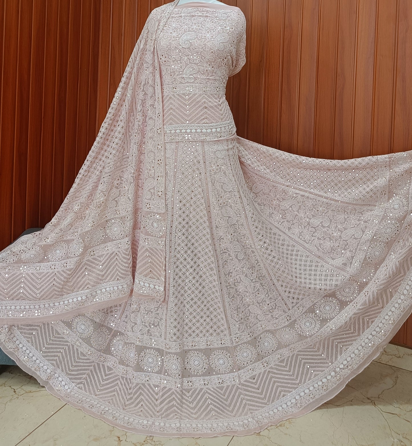 Ruhani Dusty Pink Allover Chikankari and Mukaish Lehenga Set