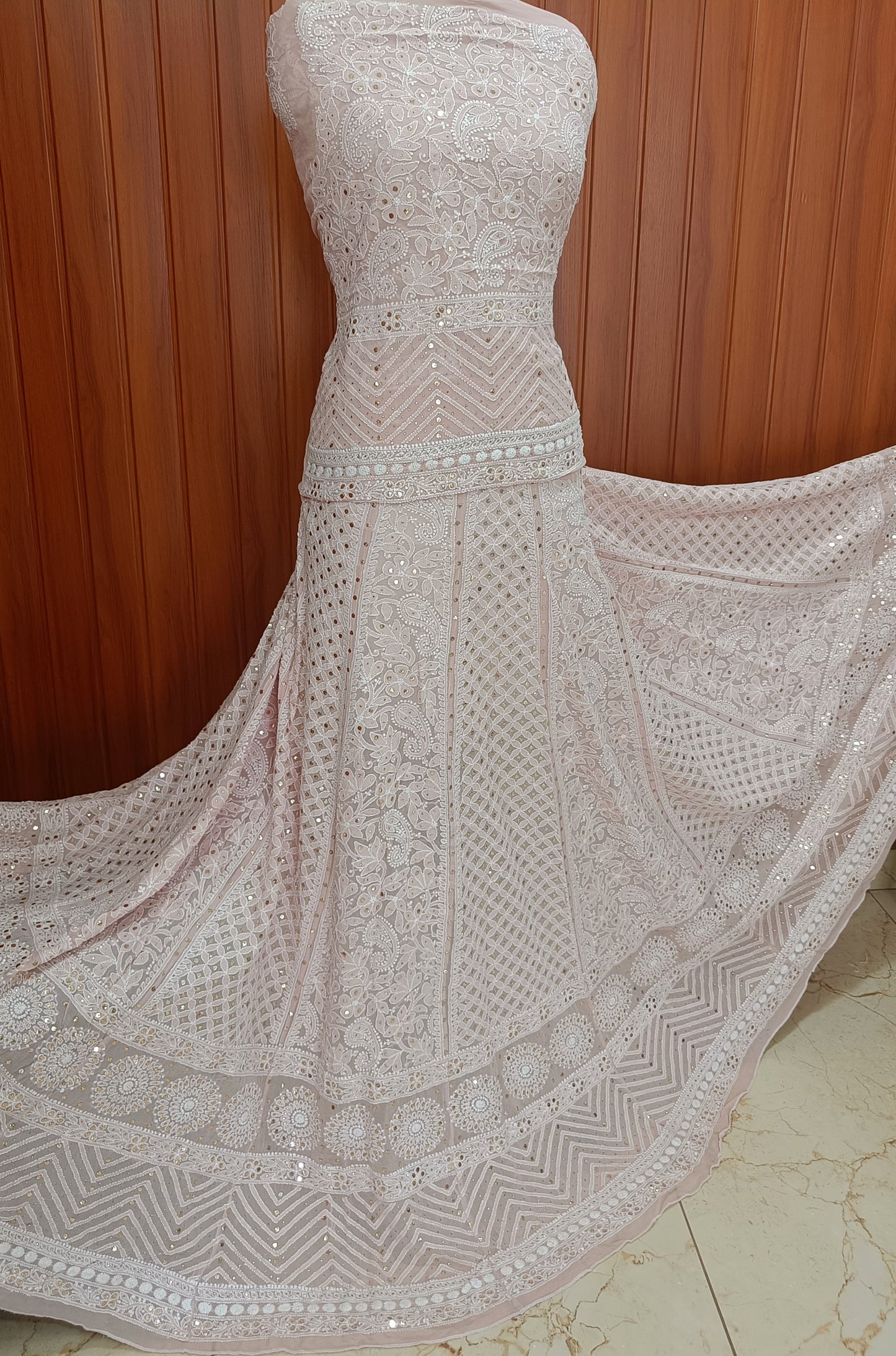 Ruhani Dusty Pink Allover Chikankari and Mukaish Lehenga Set