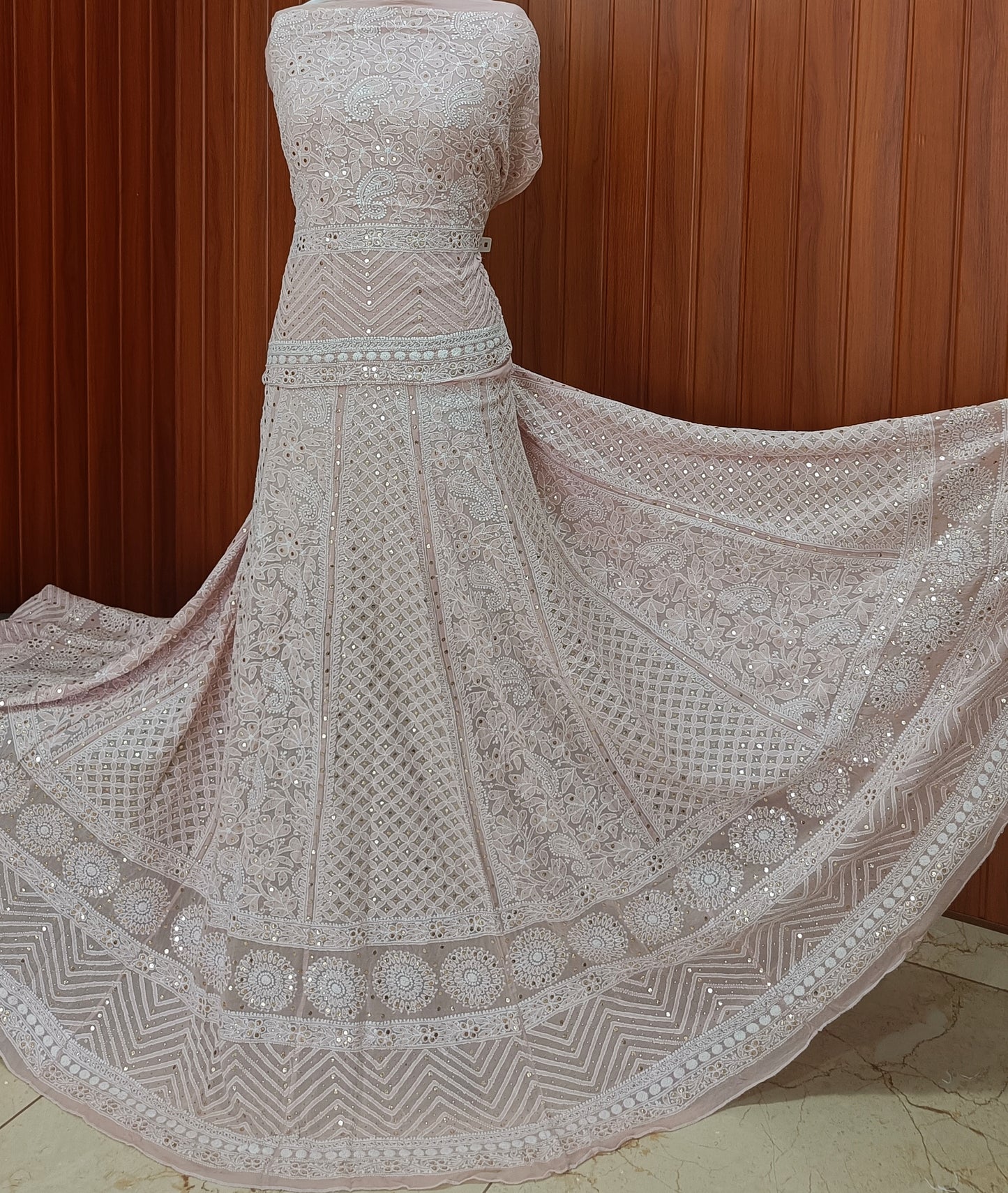 Ruhani Dusty Pink Allover Chikankari and Mukaish Lehenga Set