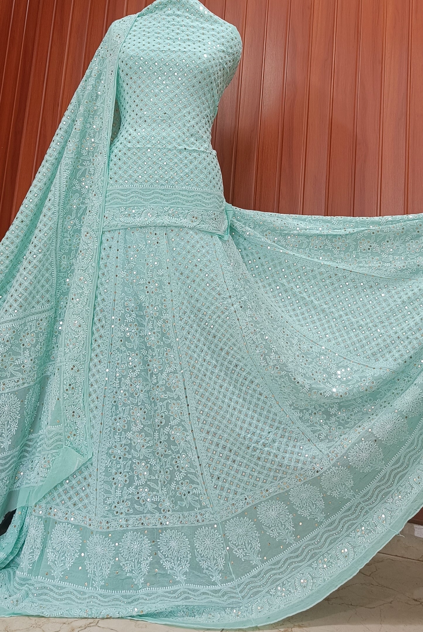 Ruhani Sea Green Allover Chikankari and Mukaish Lehenga Set