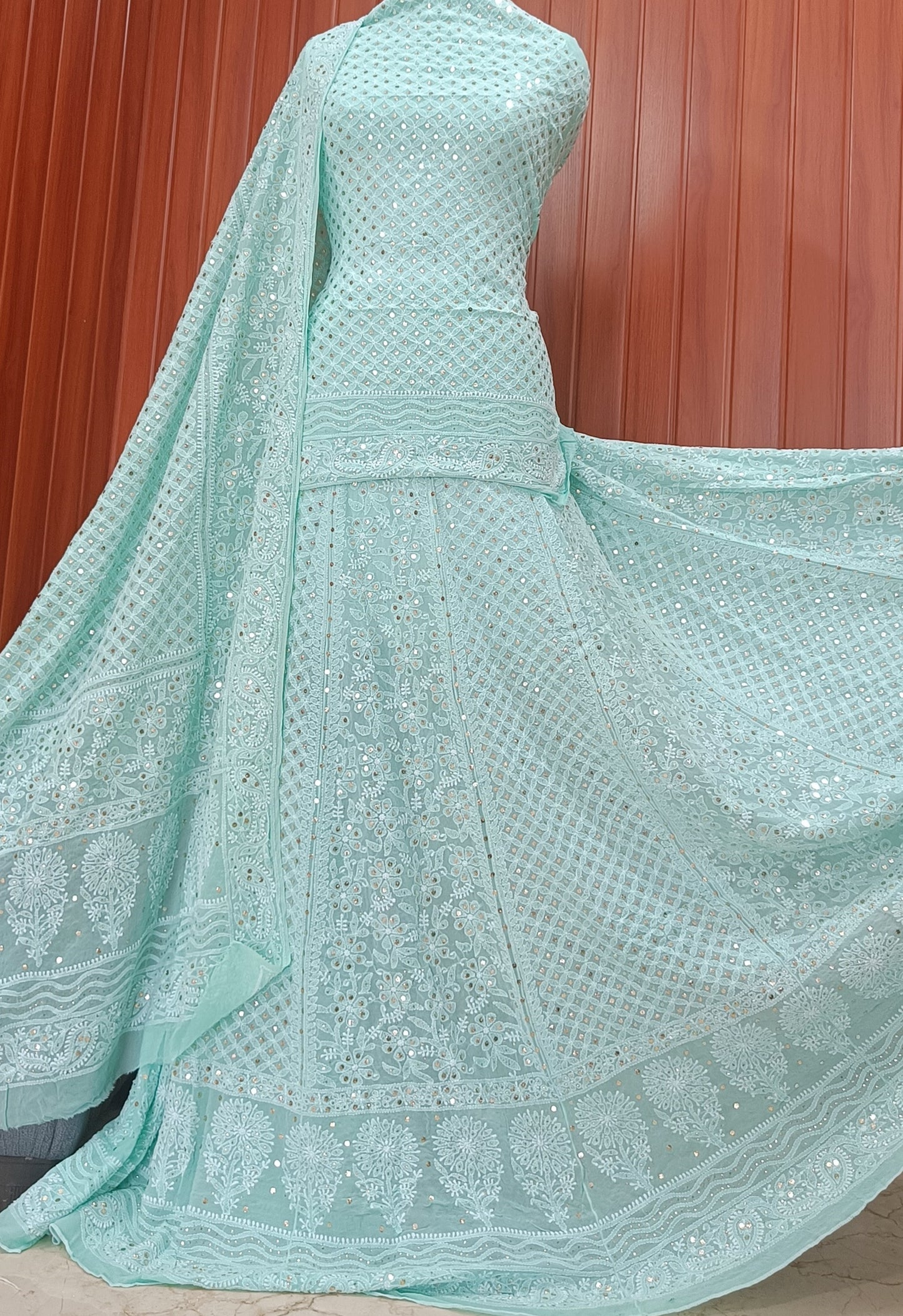Ruhani Sea Green Allover Chikankari and Mukaish Lehenga Set