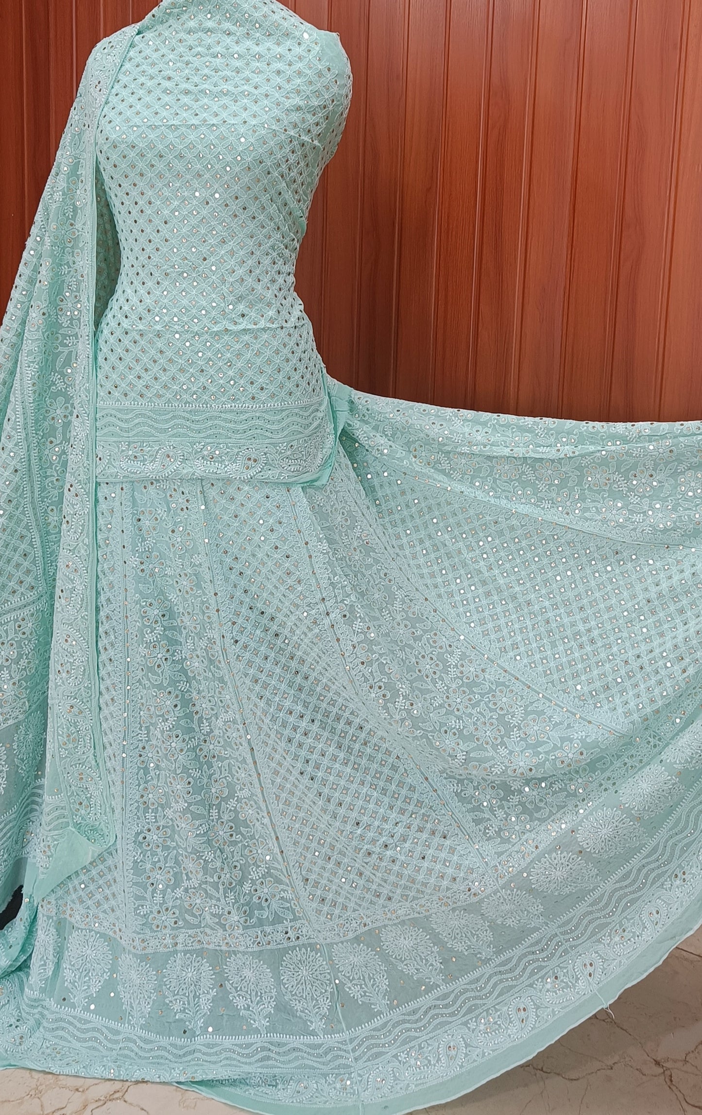 Ruhani Sea Green Allover Chikankari and Mukaish Lehenga Set
