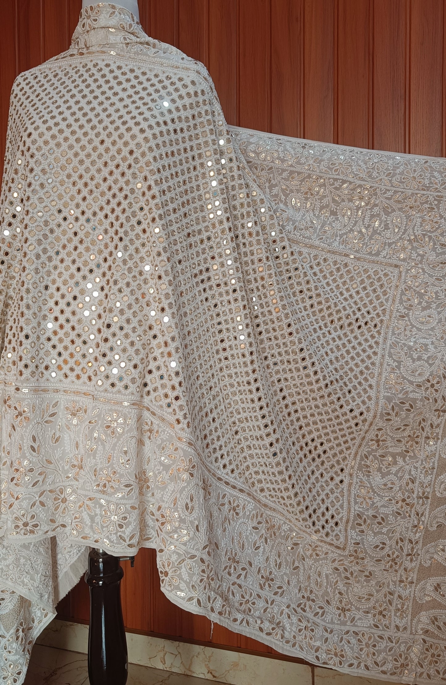 Ruhani Ivory Chikankari Mirror and gota Patti Pure Georgette Wedding Dupatta