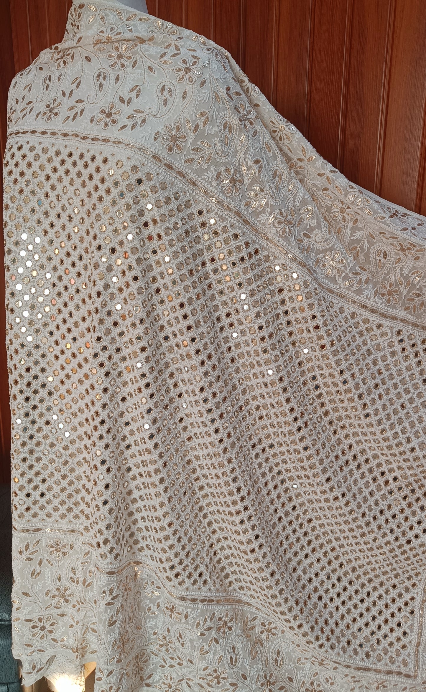 Ruhani Ivory Chikankari Mirror and gota Patti Pure Georgette Wedding Dupatta