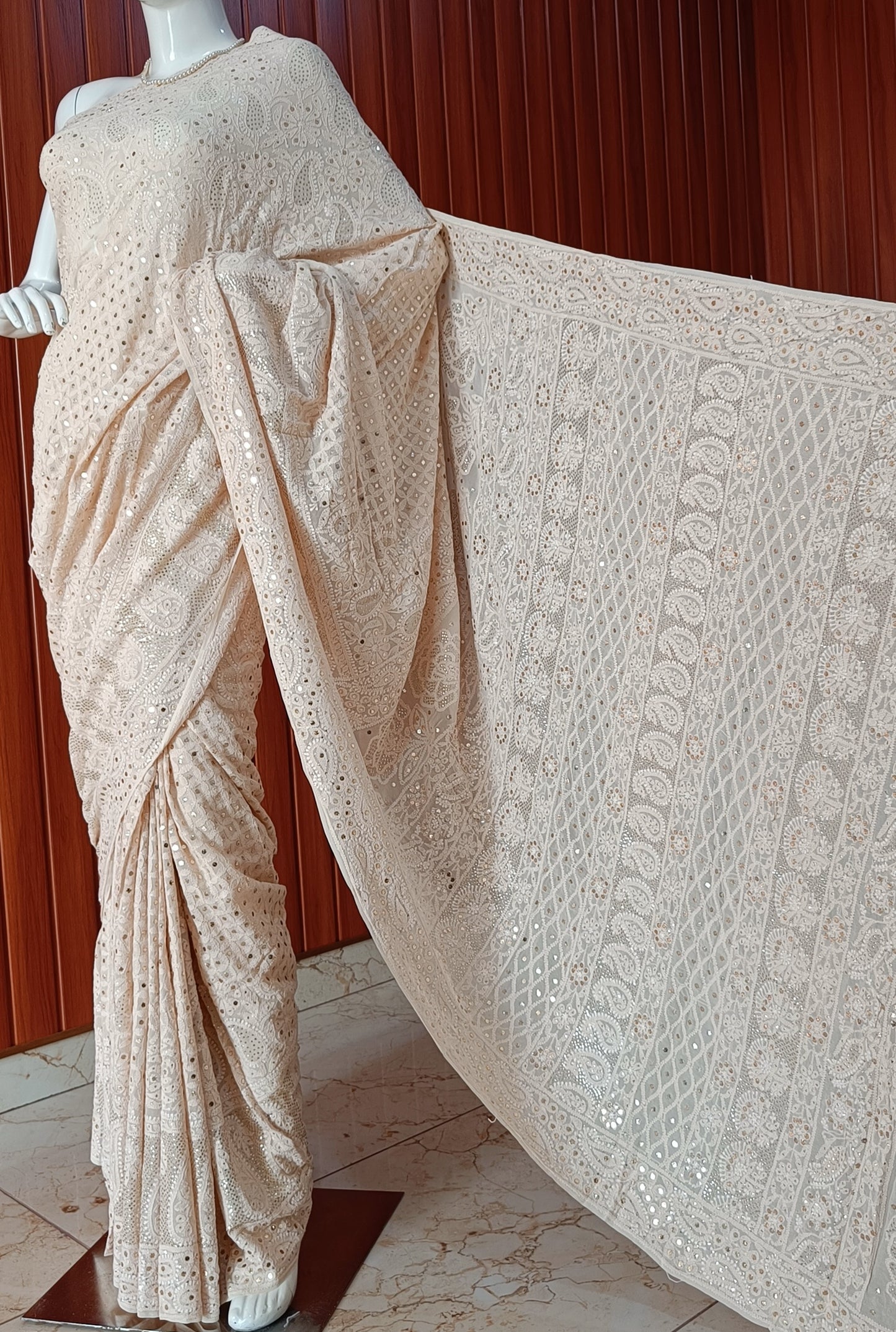 Beige Ruhani Allover Chikankari and Mukaish Saree