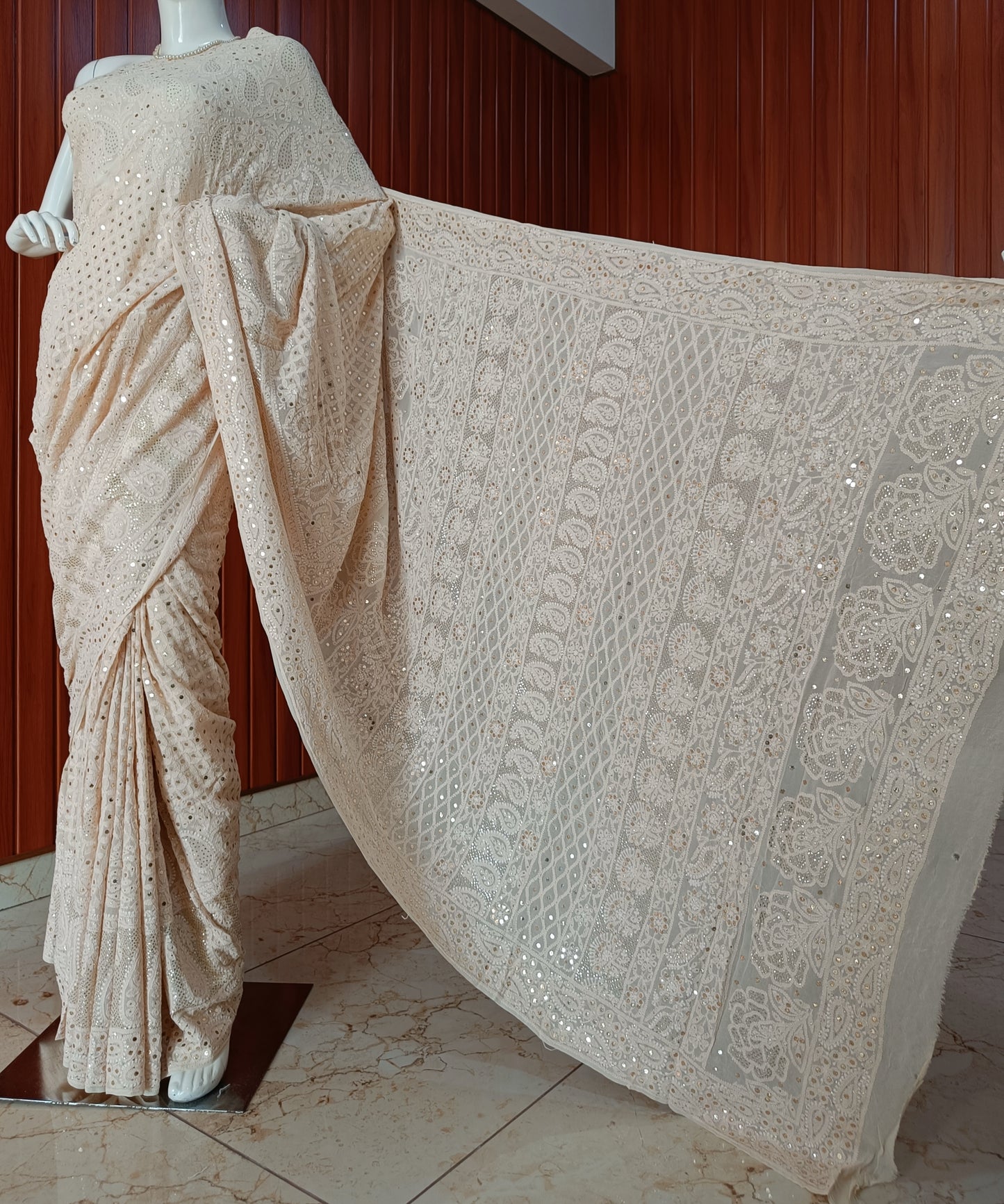 Beige Ruhani Allover Chikankari and Mukaish Saree