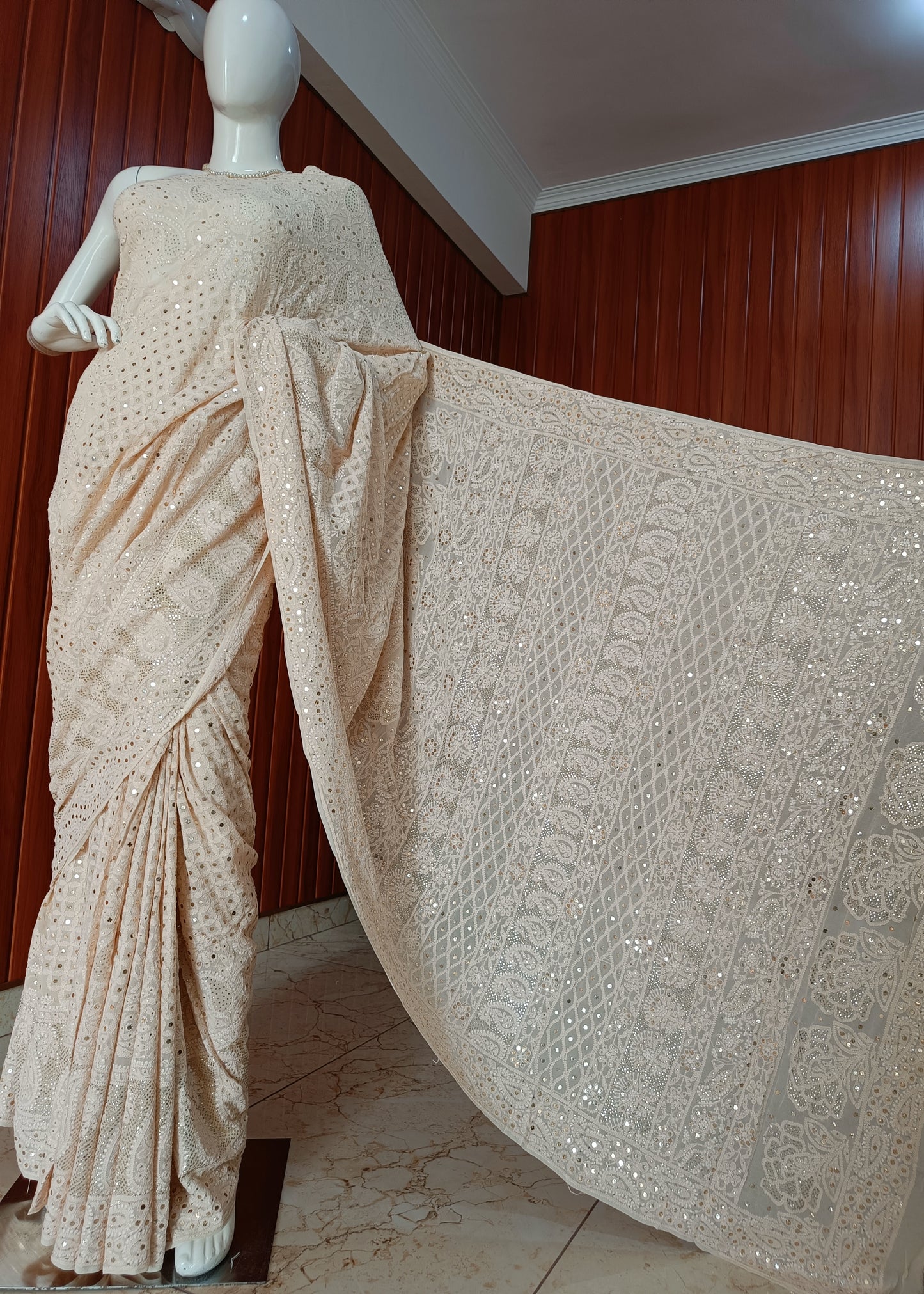 Beige Ruhani Allover Chikankari and Mukaish Saree