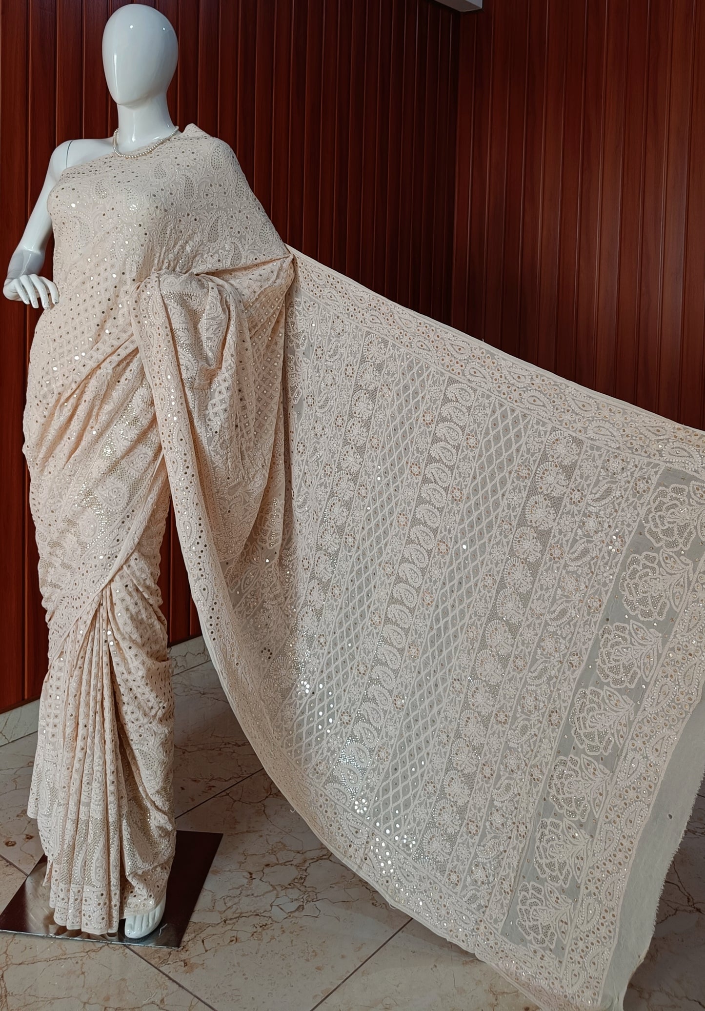 Beige Ruhani Allover Chikankari and Mukaish Saree