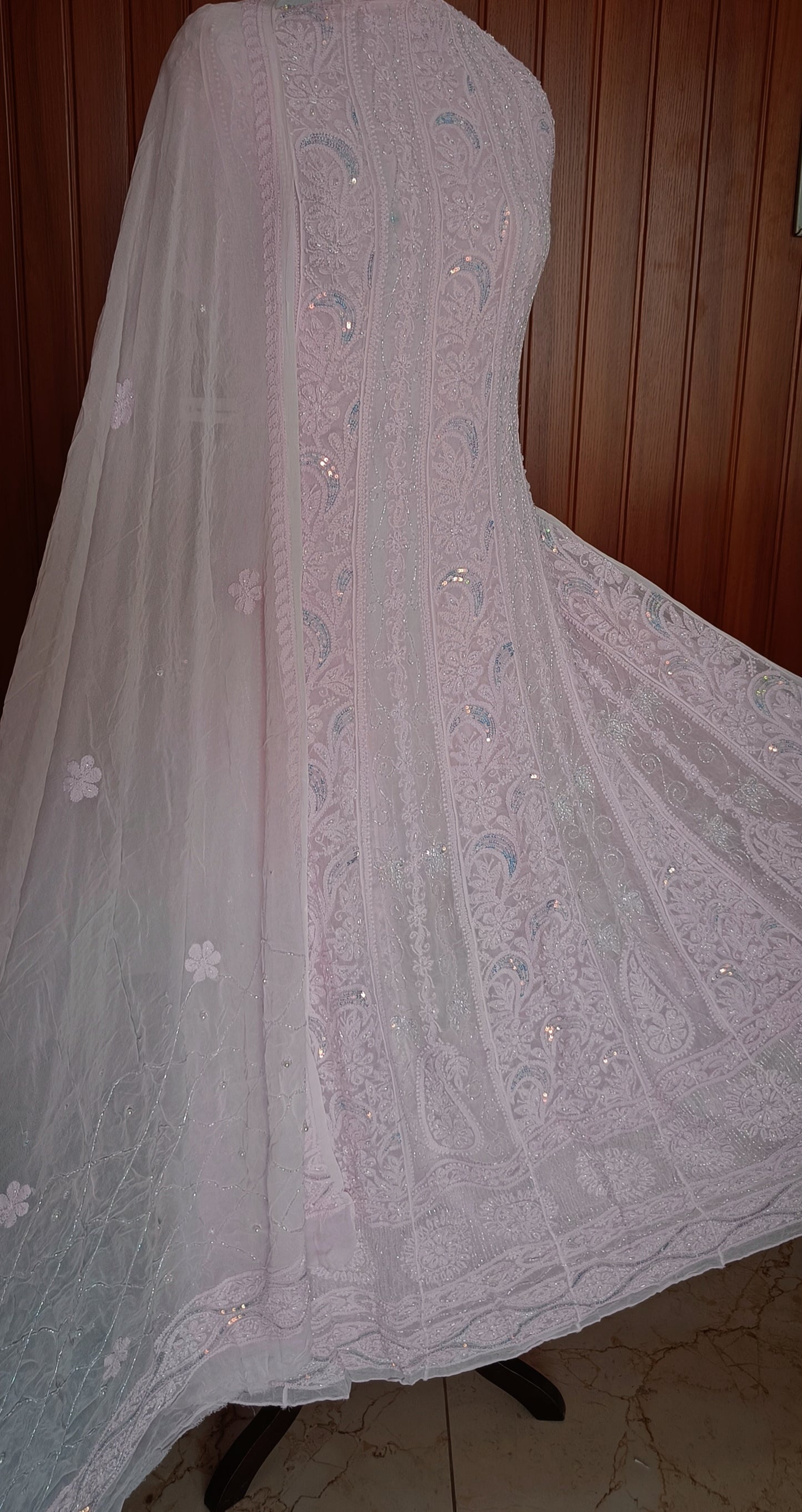 Baby Pink Chikankari Pearl Cut Dana Sequins Embroidered Anarkali with Dupatta