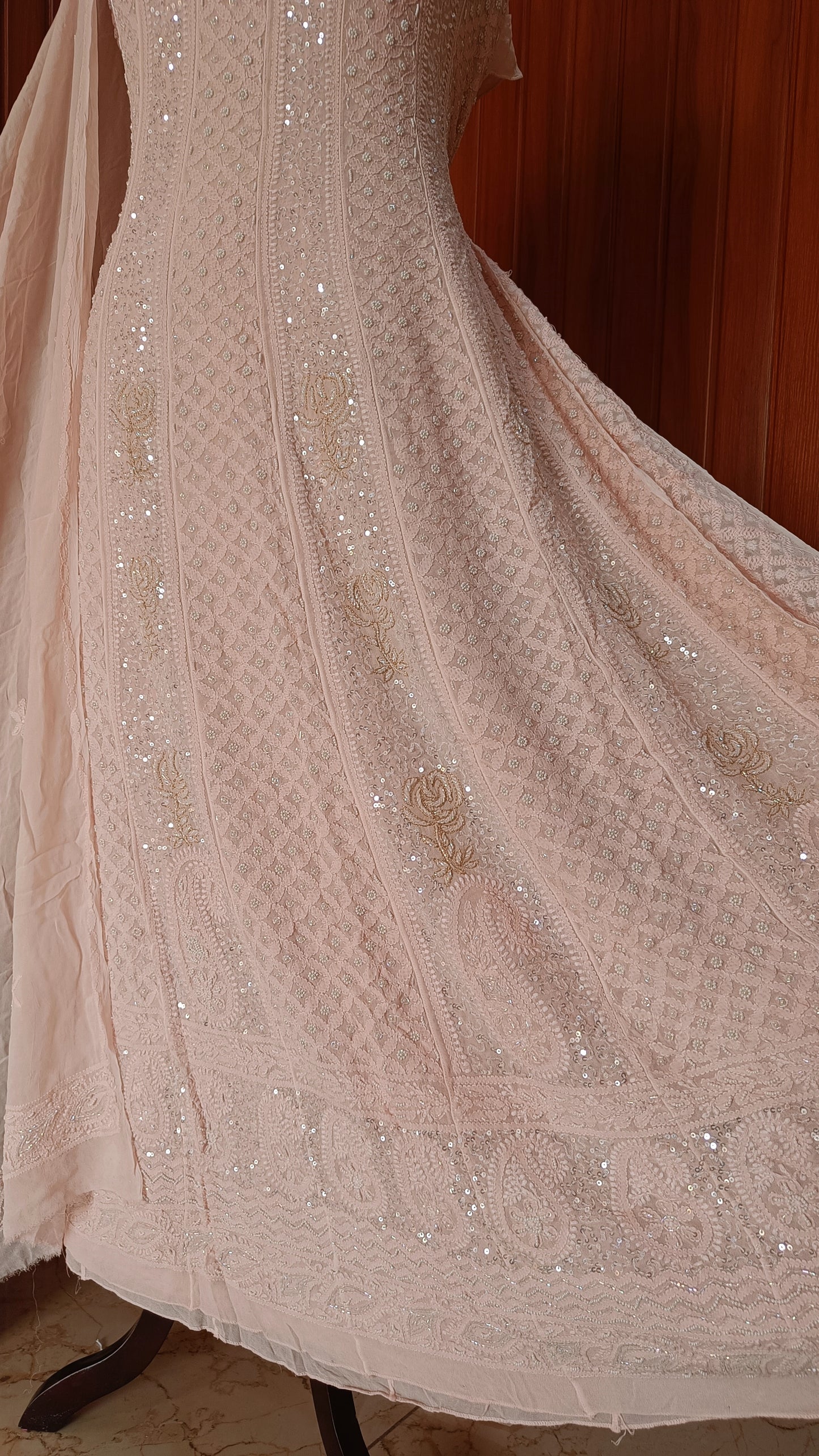 Nude peach Chikankari Pearl Cut Dana Sequins Embroidered Anarkali with Dupatta