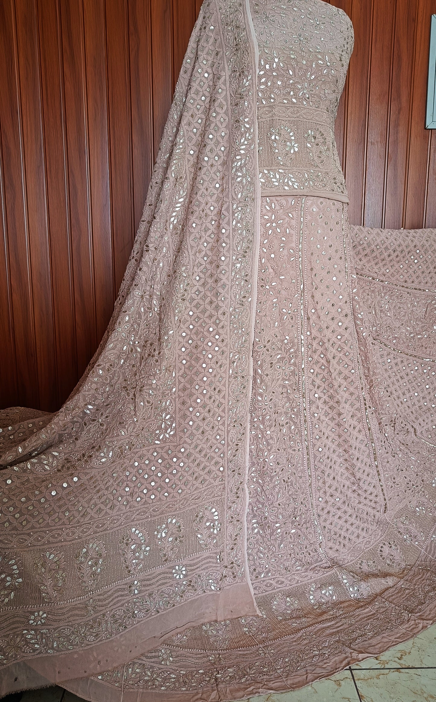 Taupe Pink Brown Chikankari and Gota Patti Georgette Lehenga Set