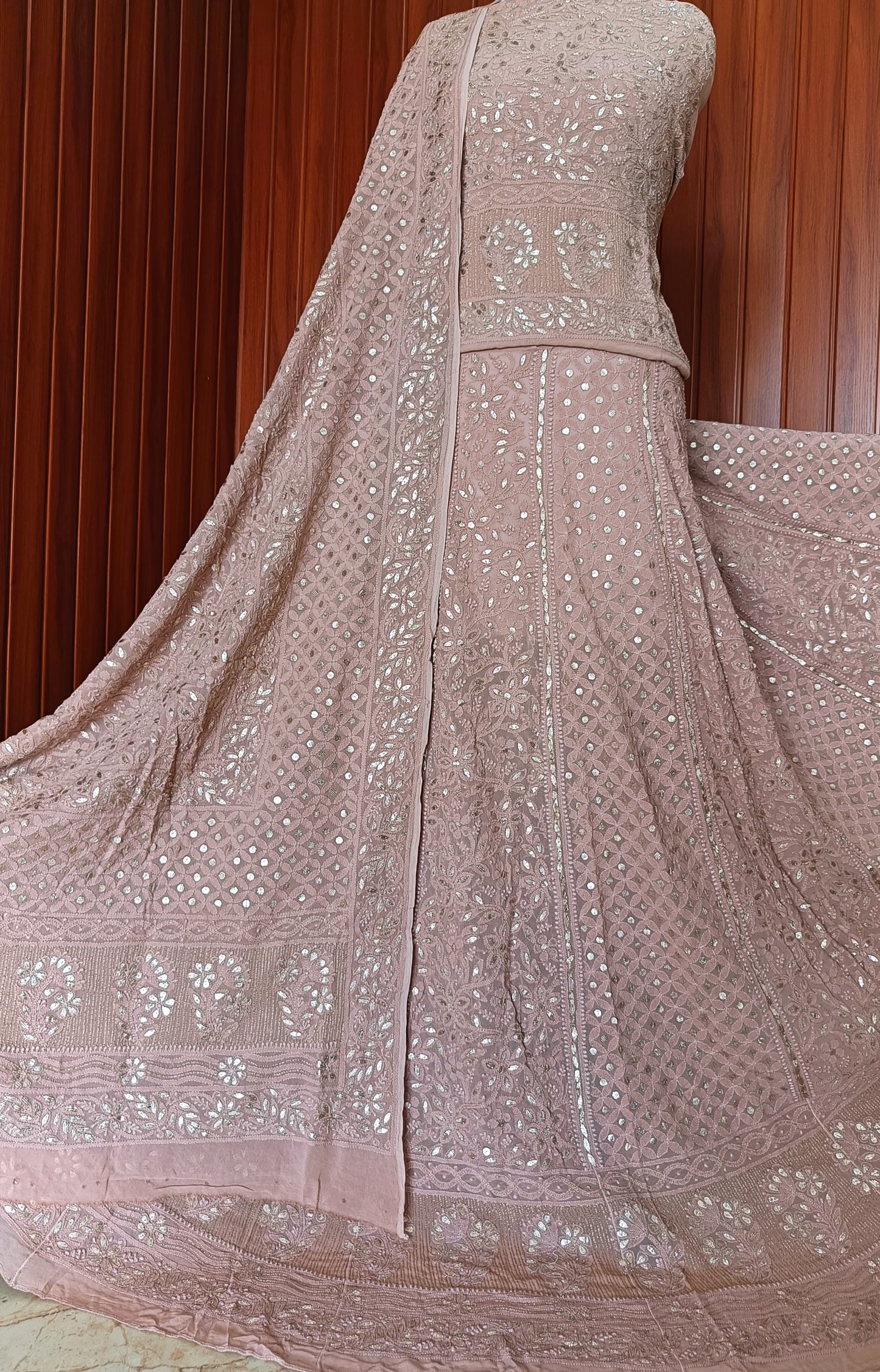 Taupe Pink Brown Chikankari and Gota Patti Georgette Lehenga Set
