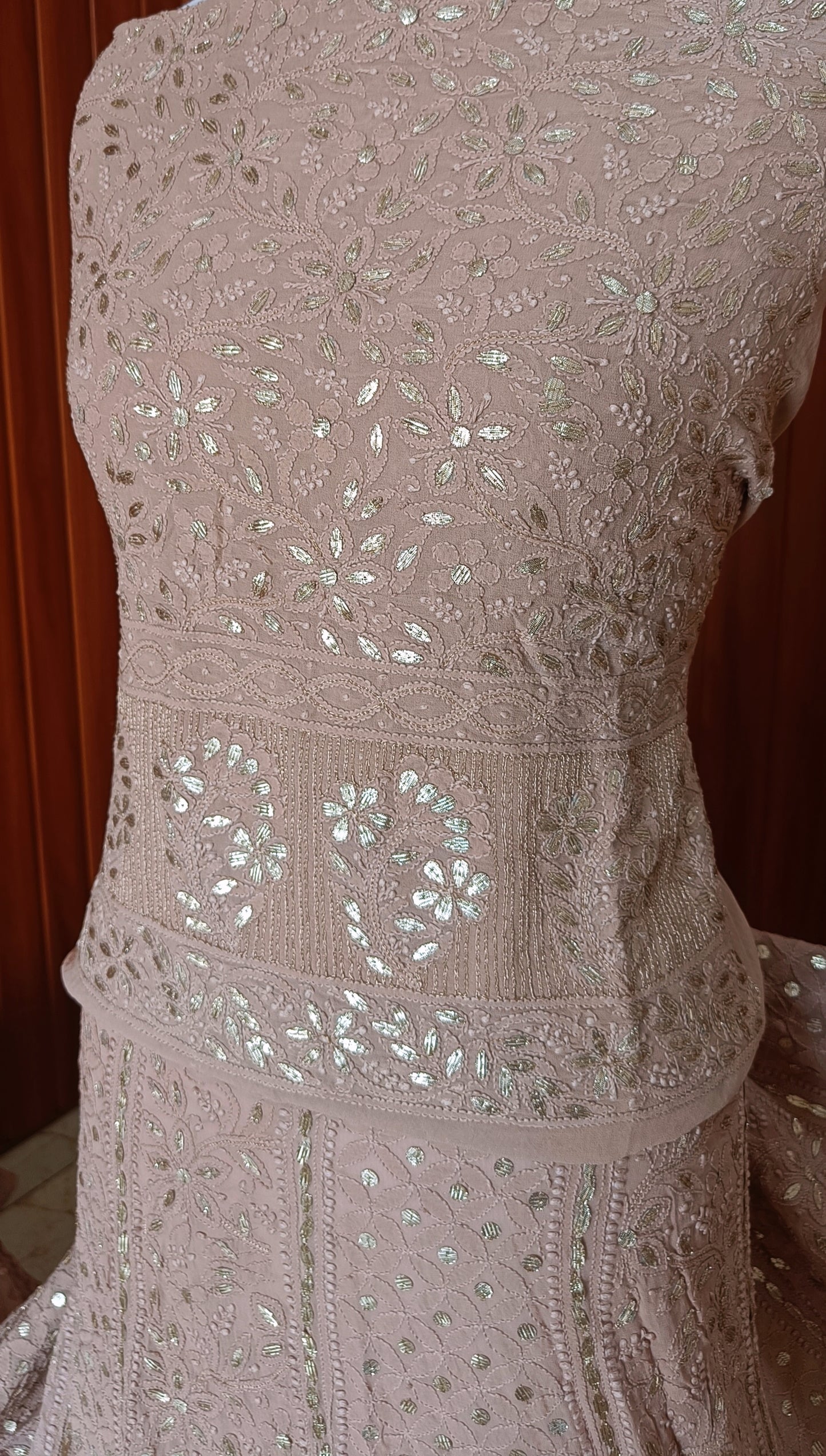 Taupe Pink Brown Chikankari and Gota Patti Georgette Lehenga Set