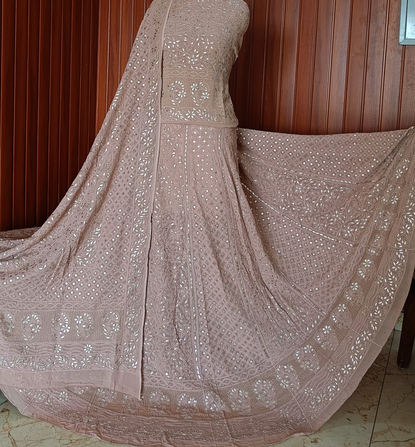 Taupe Pink Brown Chikankari and Gota Patti Georgette Lehenga Set
